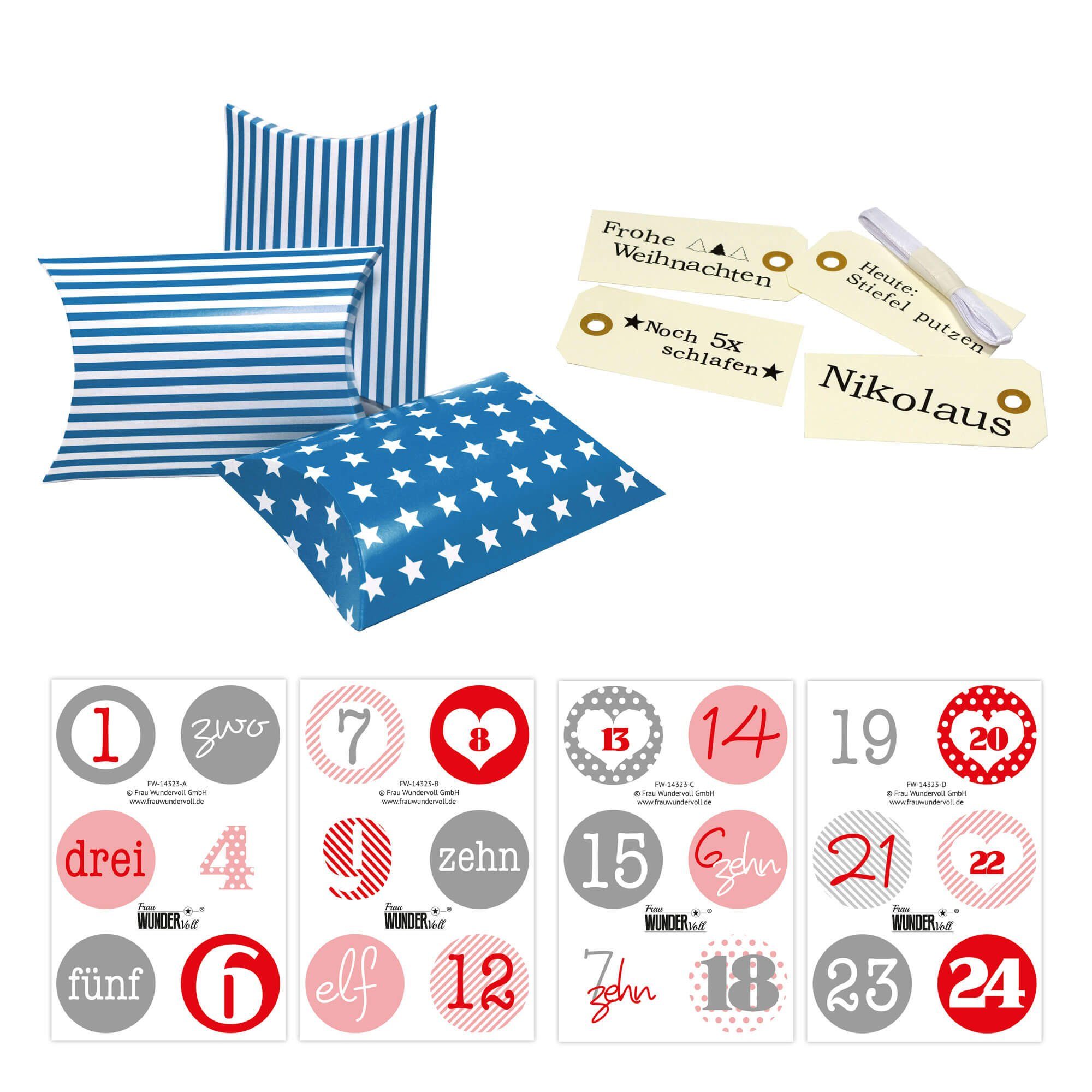 Frau WUNDERVoll Kalender zum Selbstbasteln Adventskalender Christkind, Kissenschachteln 15 x 11 x 4,5 cm blau