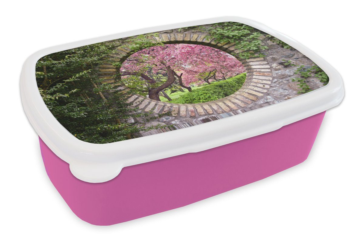 MuchoWow Lunchbox Transparent - Sakura - Blüte - Japanisch, Kunststoff, (2-tlg), Brotbox für Erwachsene, Brotdose Kinder, Snackbox, Mädchen, Kunststoff rosa