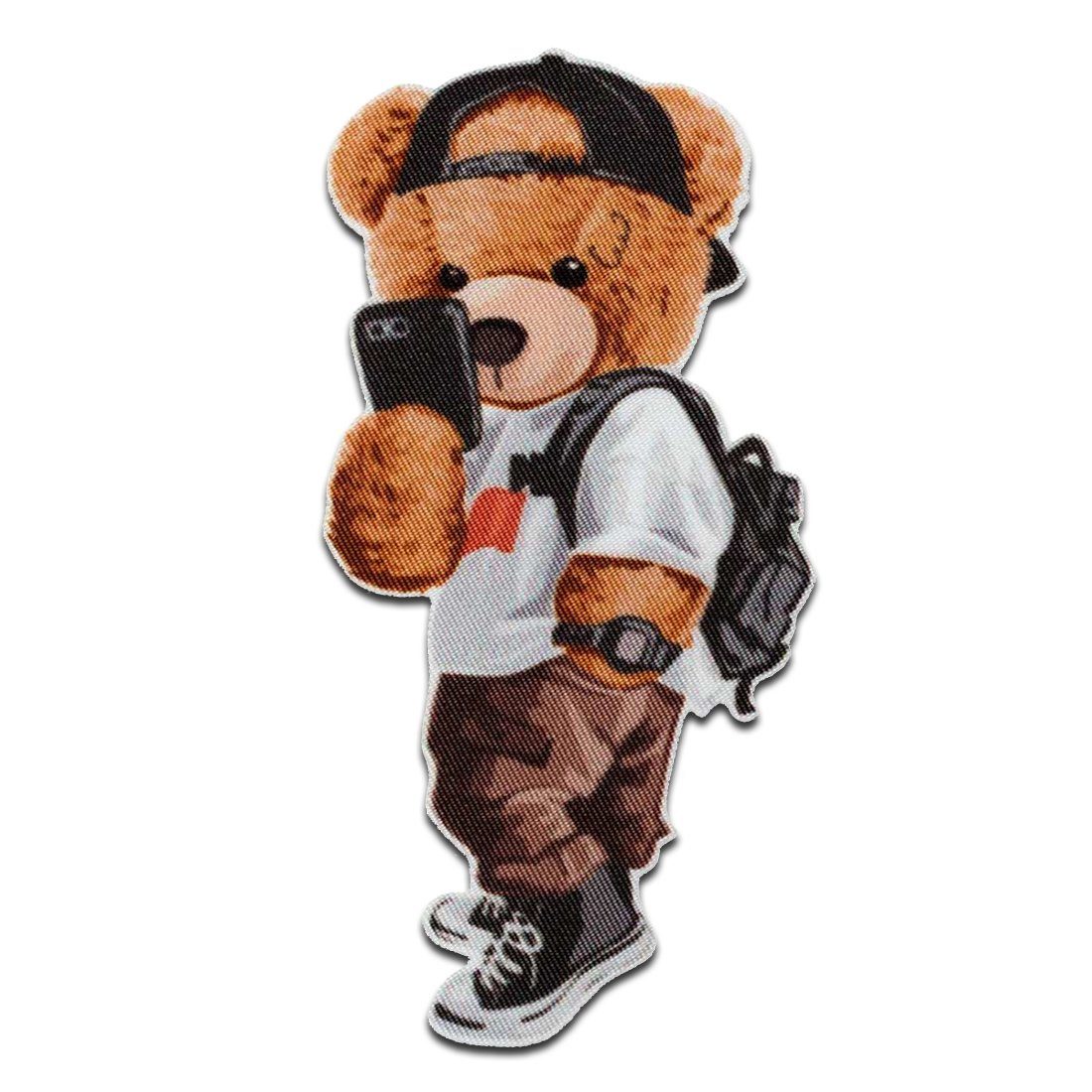 Mono-Quick Aufnäher Bügelbild, Aufbügler, Applikationen, Patches, Flicken, zum aufbügeln, PES, Bär mit Handy Tier - Größe: 8,6 x 4,3 cm