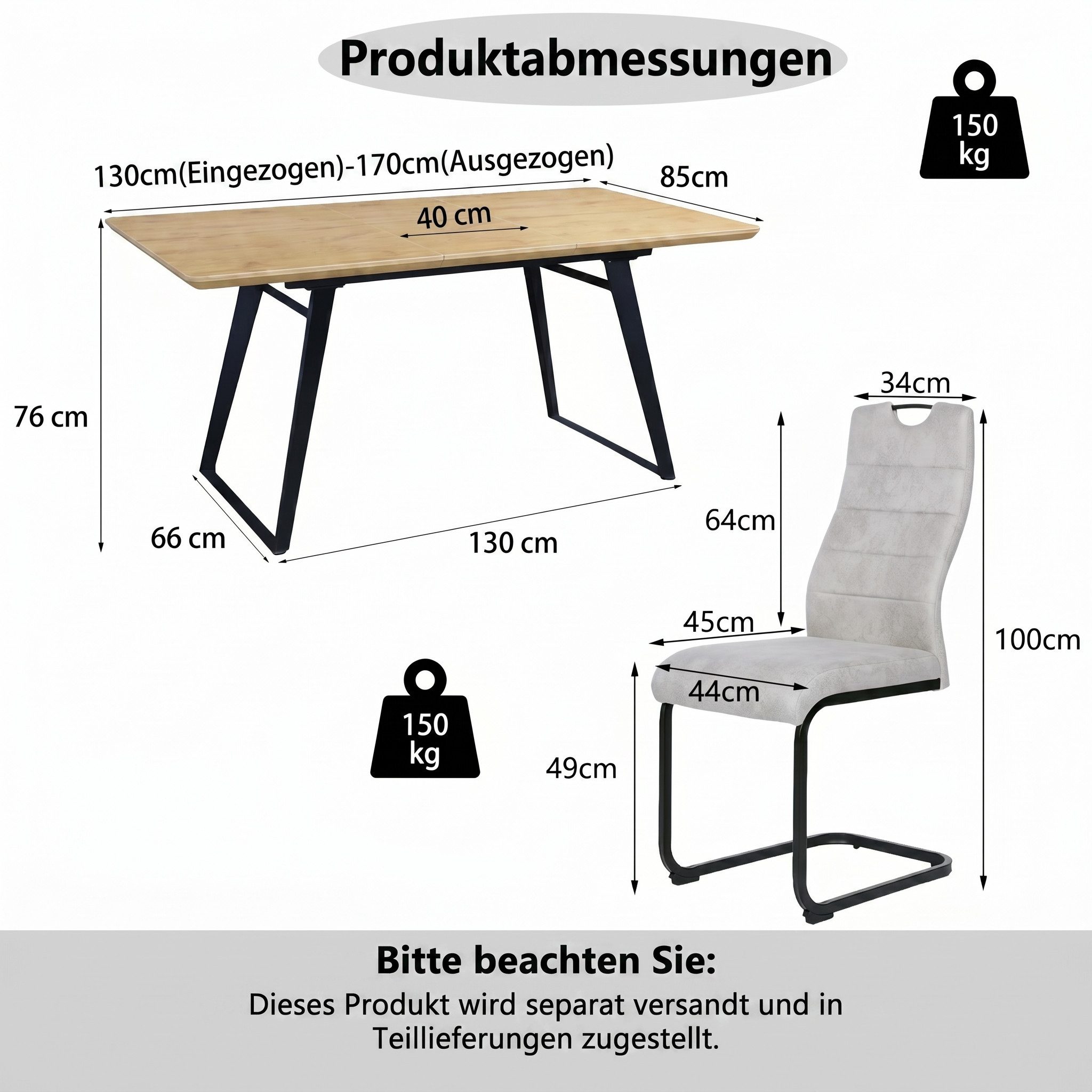 Jiexi Essgruppe Essgruppe ausziehbar Eiche-Optik MDF Tisch mit Freischwinger – Bild 3 von 5