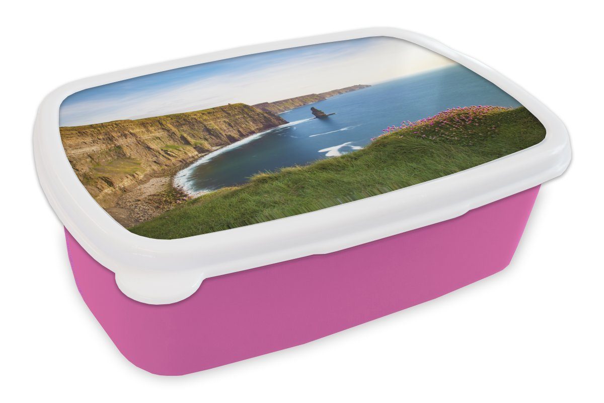MuchoWow Lunchbox Klippe von Moher in Irland, Kunststoff, (2-tlg), Brotbox für Erwachsene, Brotdose Kinder, Snackbox, Mädchen, Kunststoff rosa