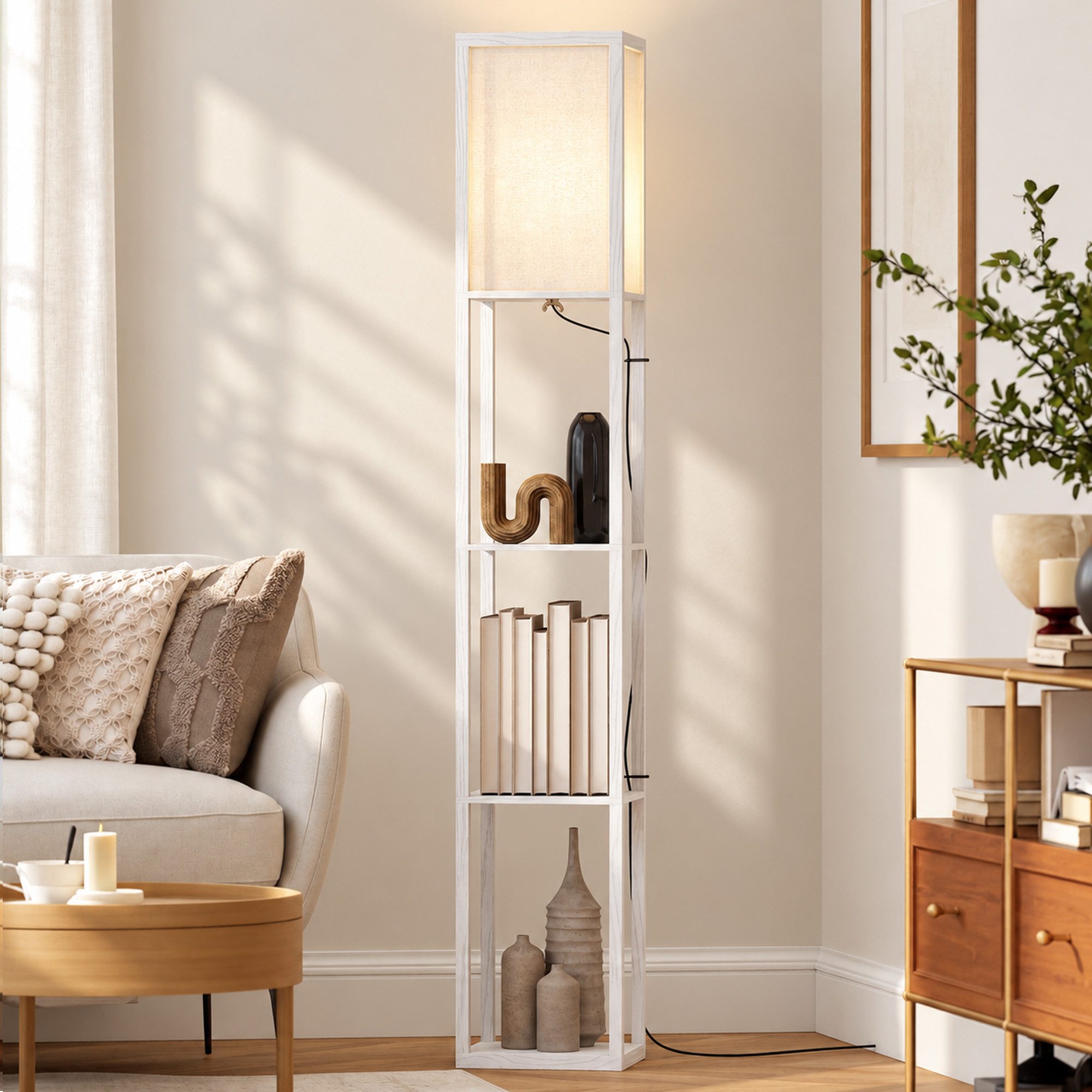 HOMCOM Stehlampe Stehlampe mit Regalen E27 40W Nachttischlampe Acryl Lampenschirm, Ablagefächer, Lichtquelle, Fußschalter, ohne Leuchtmittel, Stehlampe mit Ablagen, platzsparend