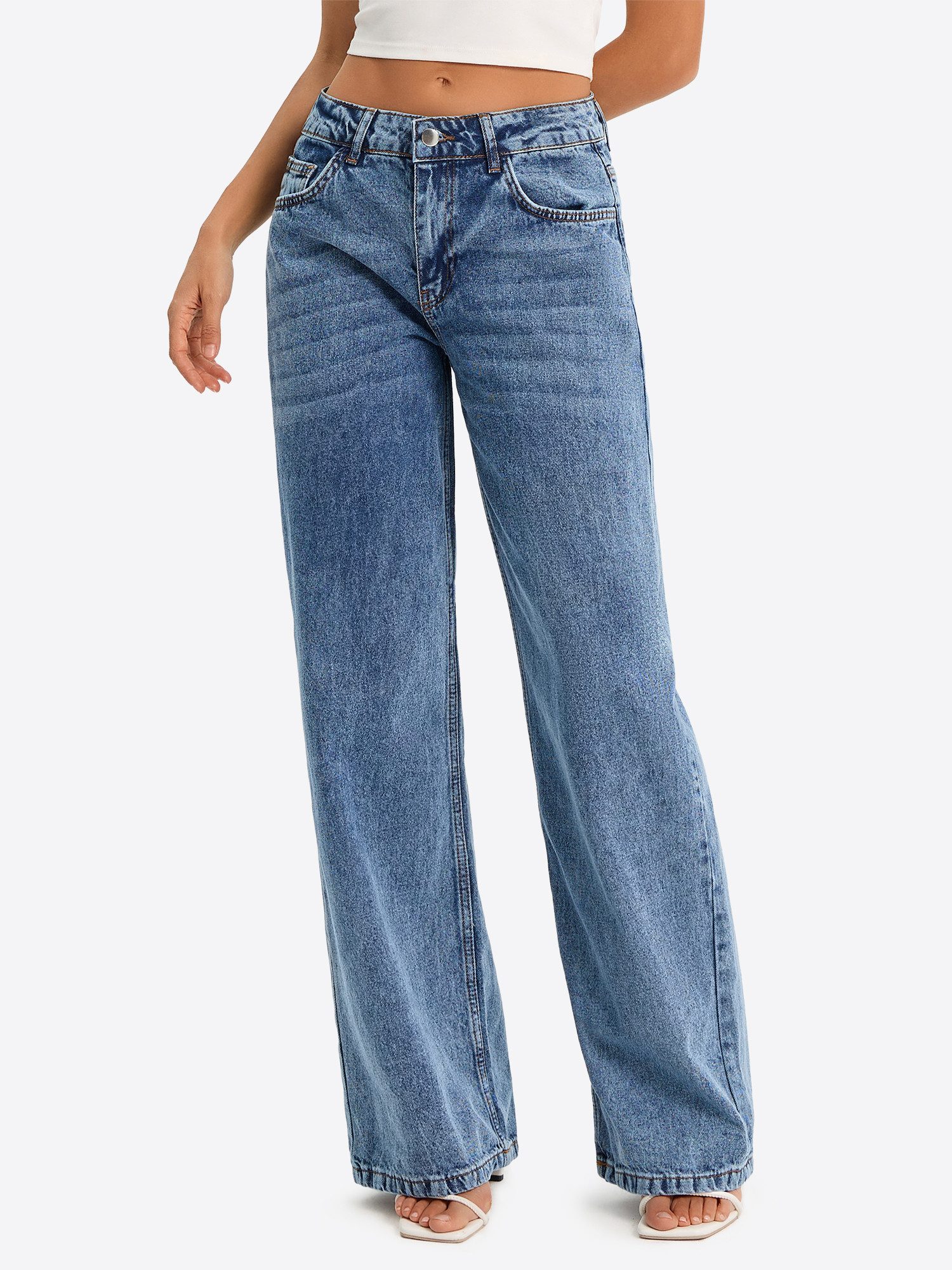 Imily Bela Boyfriend-Jeans Damen Low-Waist Wide Leg Jeans aus Baumwolle Denim Baggy mit Waschung (Packung, 1-tlg., 1per-Pack) 4-Pocket Style in Unifarbe