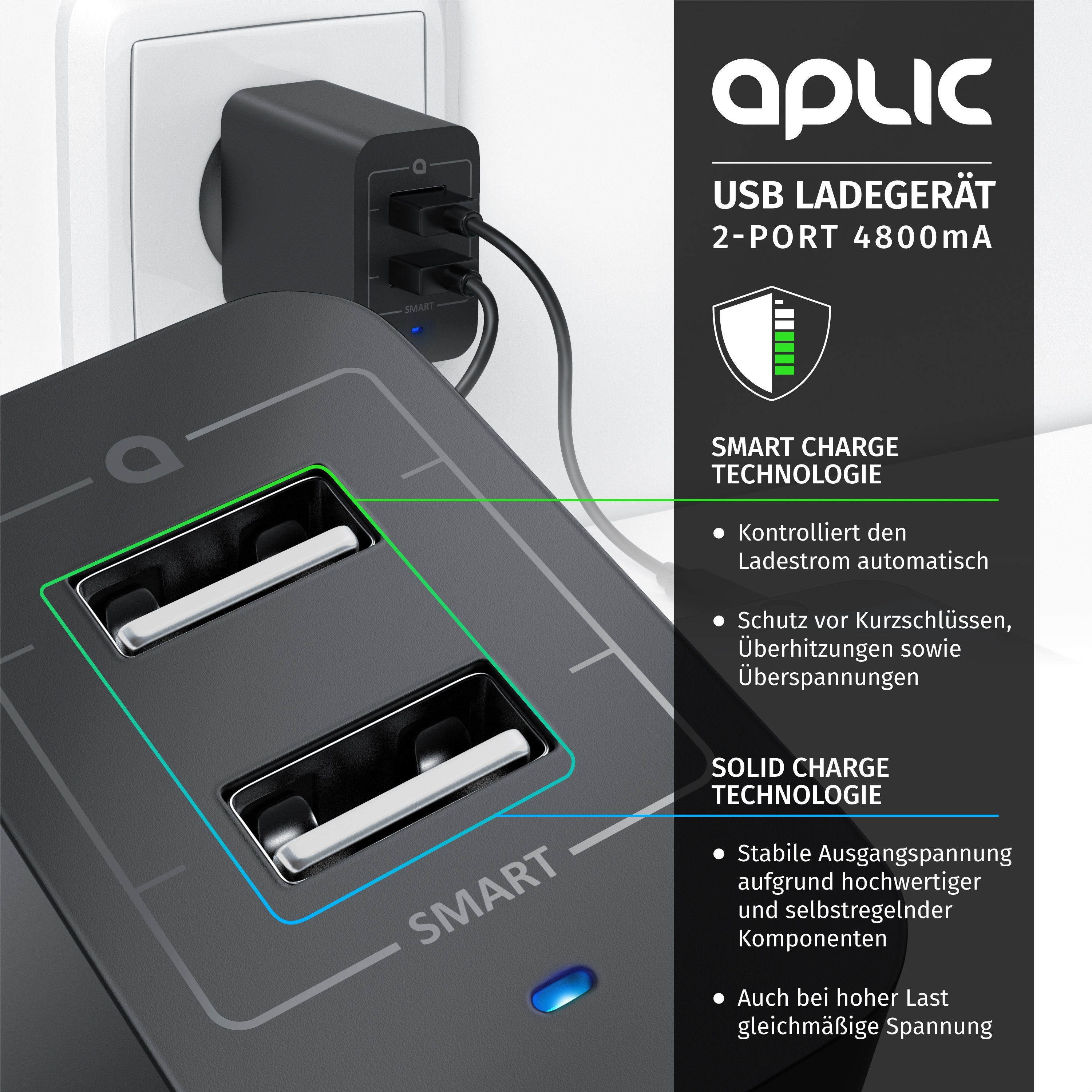 Aplic 2-Port Netzteil für Handy/Smartphone/Tablet, 4800mA -2400mA je Port USB-Ladegerät (4800 mA, 1-tlg., 24 Watt Dual Port Smart USB Charger mit Power LED, 480 – Bild 4 von 5