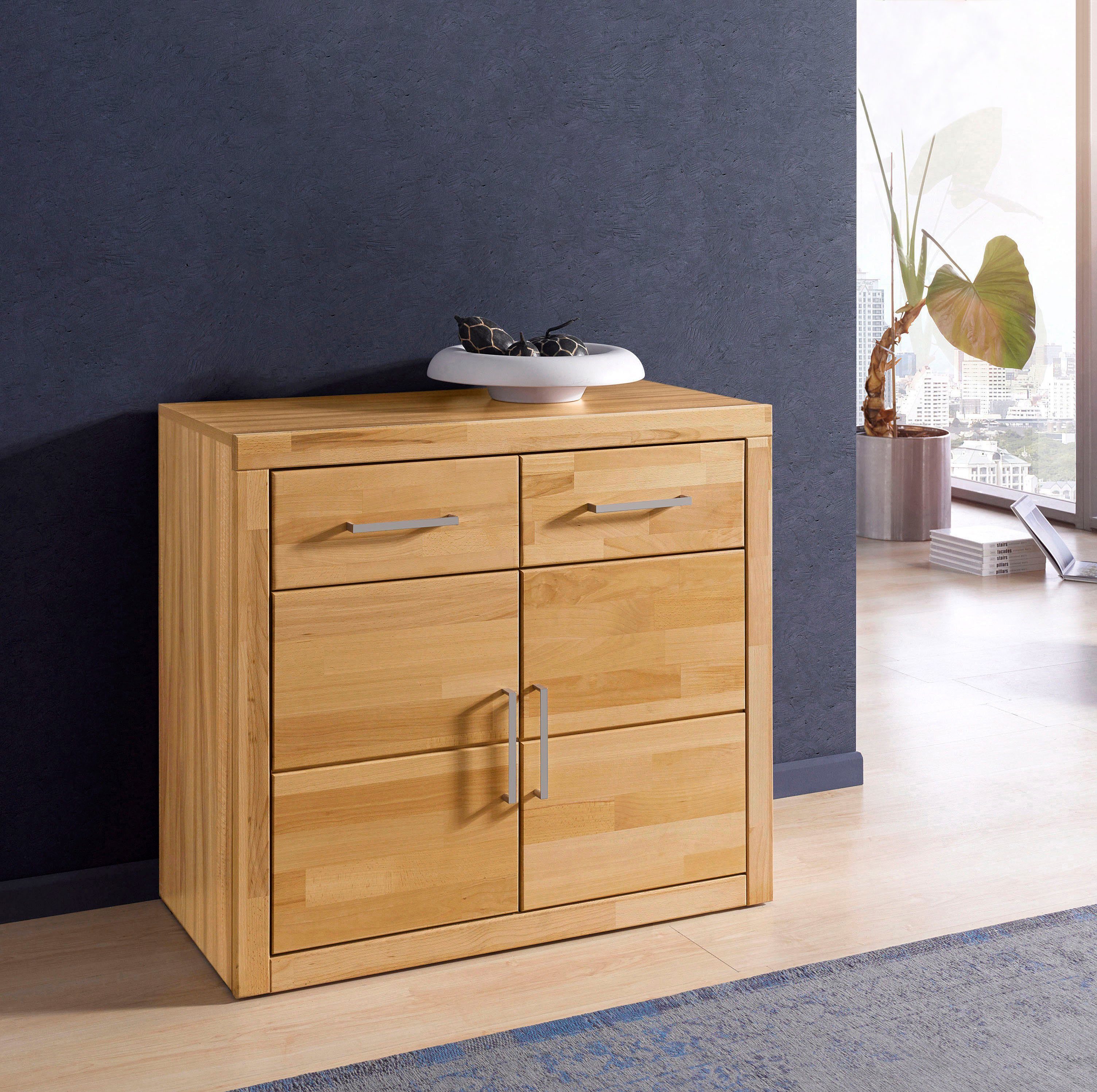 OTTO home Kommode Logo,90cm breit,42 cm tief, Fronten Massivholz,2 Türen,2 Schubladen, Holz massiv, Holzwerkstoff,2 breite Fächer,Boden versetzbar
