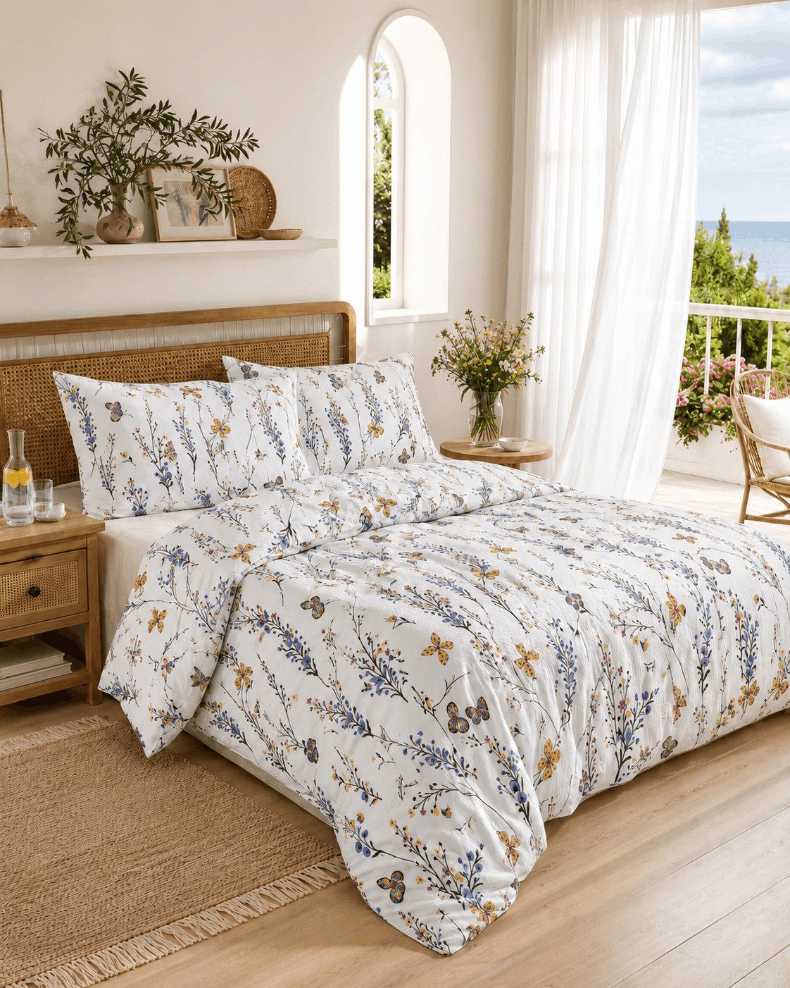 KK Shopping Bettwäsche Seersucker Bettwäsche Schmetterlinge Blumen 135x200 cm 100% Baumwolle, 2 teilig, Langlebig