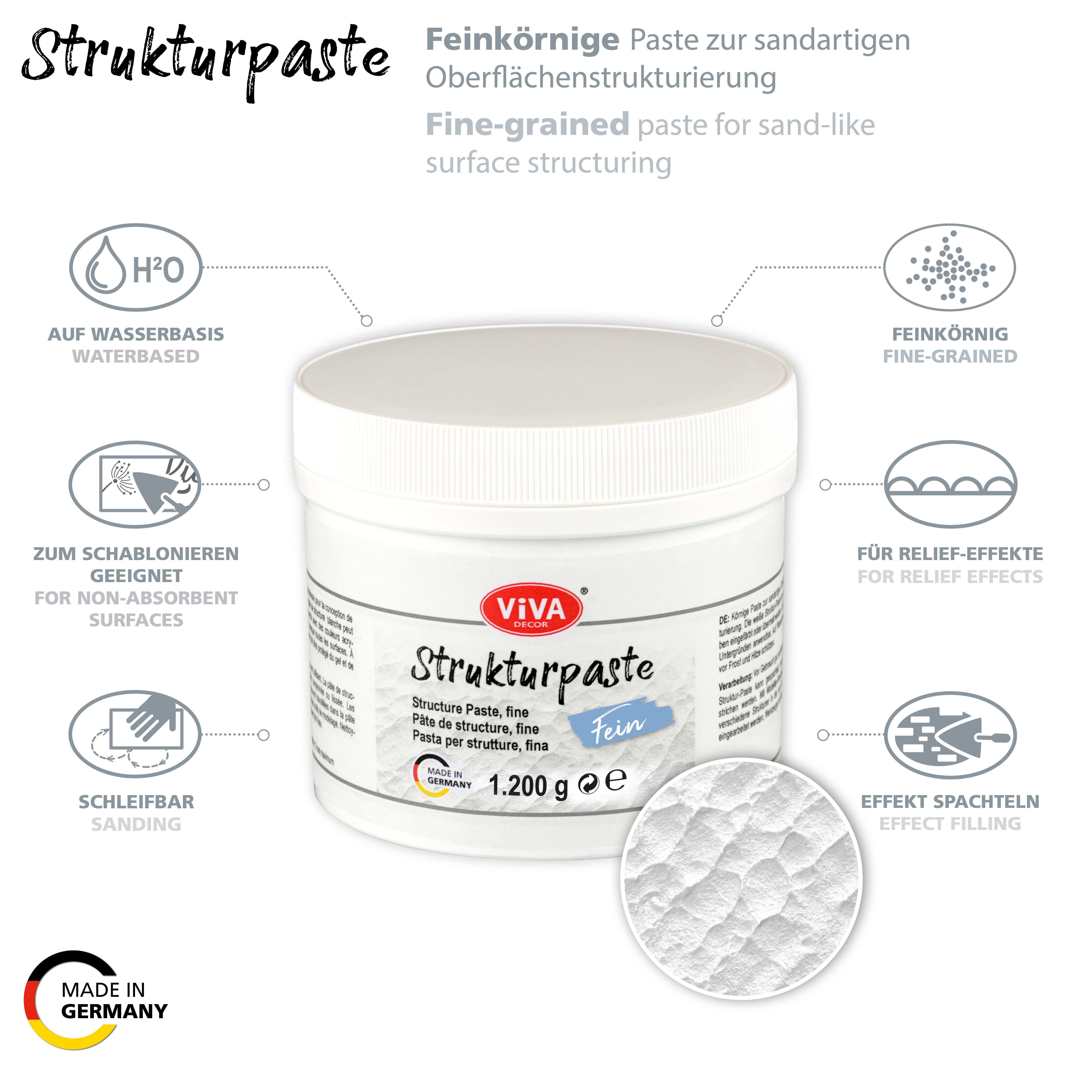Viva Decor Strukturpaste Strukturpaste Oberflächenstrukturierung, 1000-1200g, in 3 verschiedenen Varianten, Made in Germany