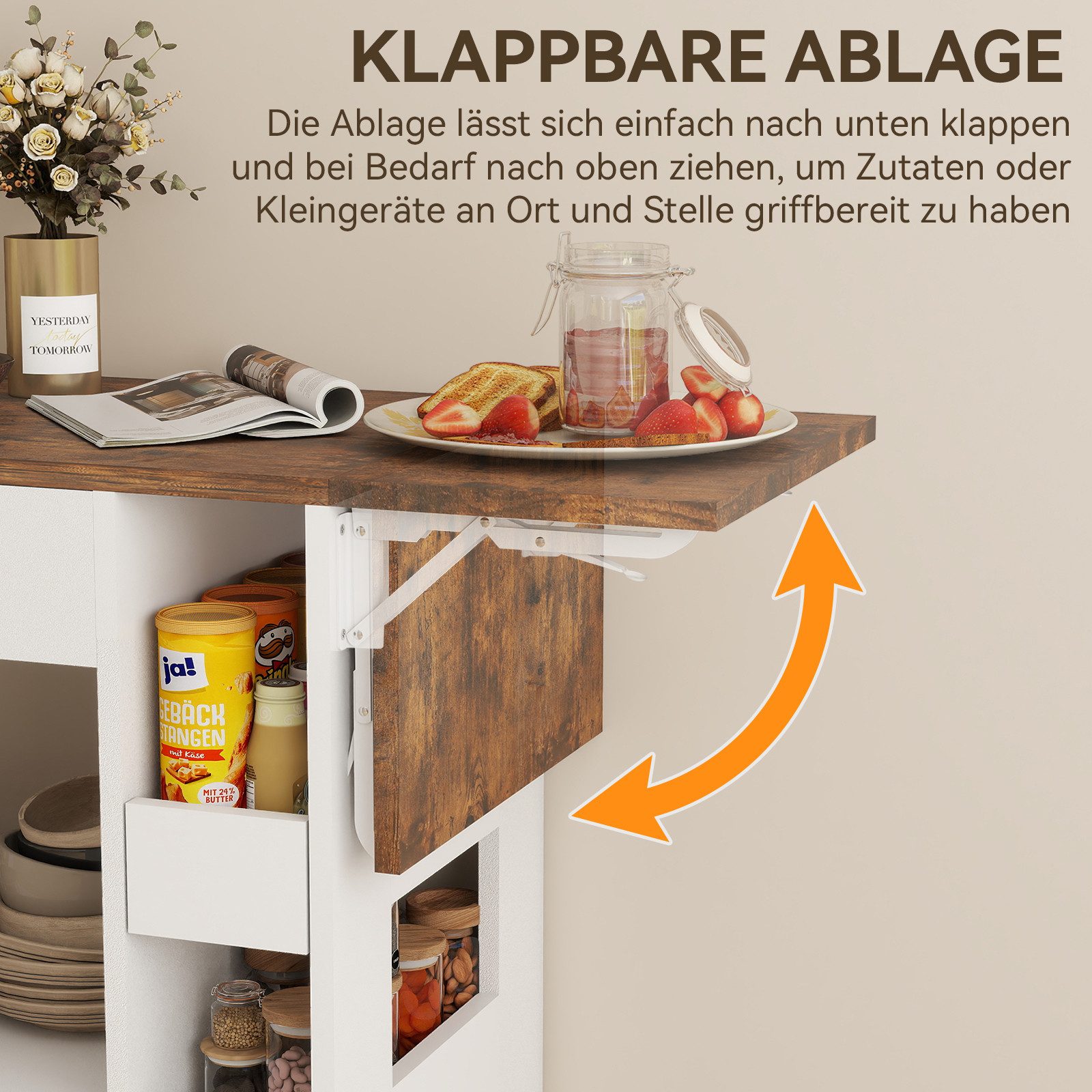 Puluomis Küchenwagen Servierwagen mit erweiterbare Arbeitsplatte, Handtuchhalter, 104x40x89, 360° Rollen mit Bremsen, Mobiler Wagen mit Gewürzregal – Bild 3 von 5
