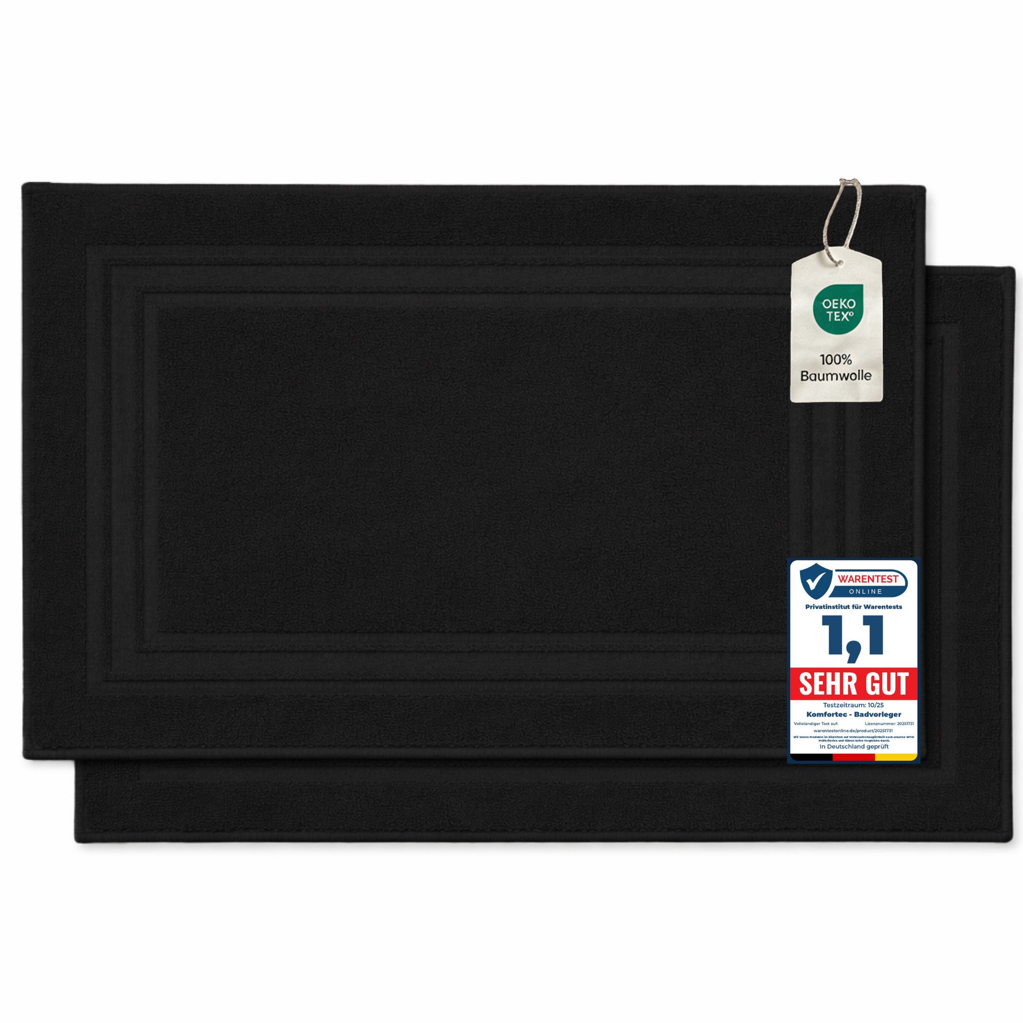Komfortec Badematte Badvorleger aus 100% Baumwolle, 50x70 cm Duschvorleger, Waschbar Duschmatte, Frottee, Rechteckig, 600 g/m², 2er Set, Saugfähig & Schnelltrocknend
