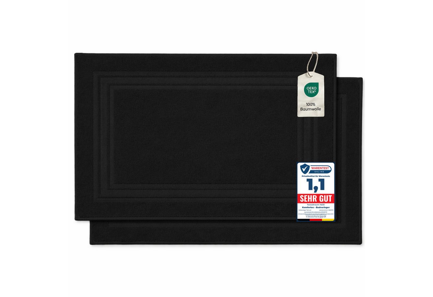 Komfortec Badematte Badvorleger aus 100% Baumwolle, 50x70 cm Duschvorleger, Waschbar Duschmatte, Frottee, Rechteckig, 600 g/m², 2er Set, Saugfähig & Schnelltrocknend