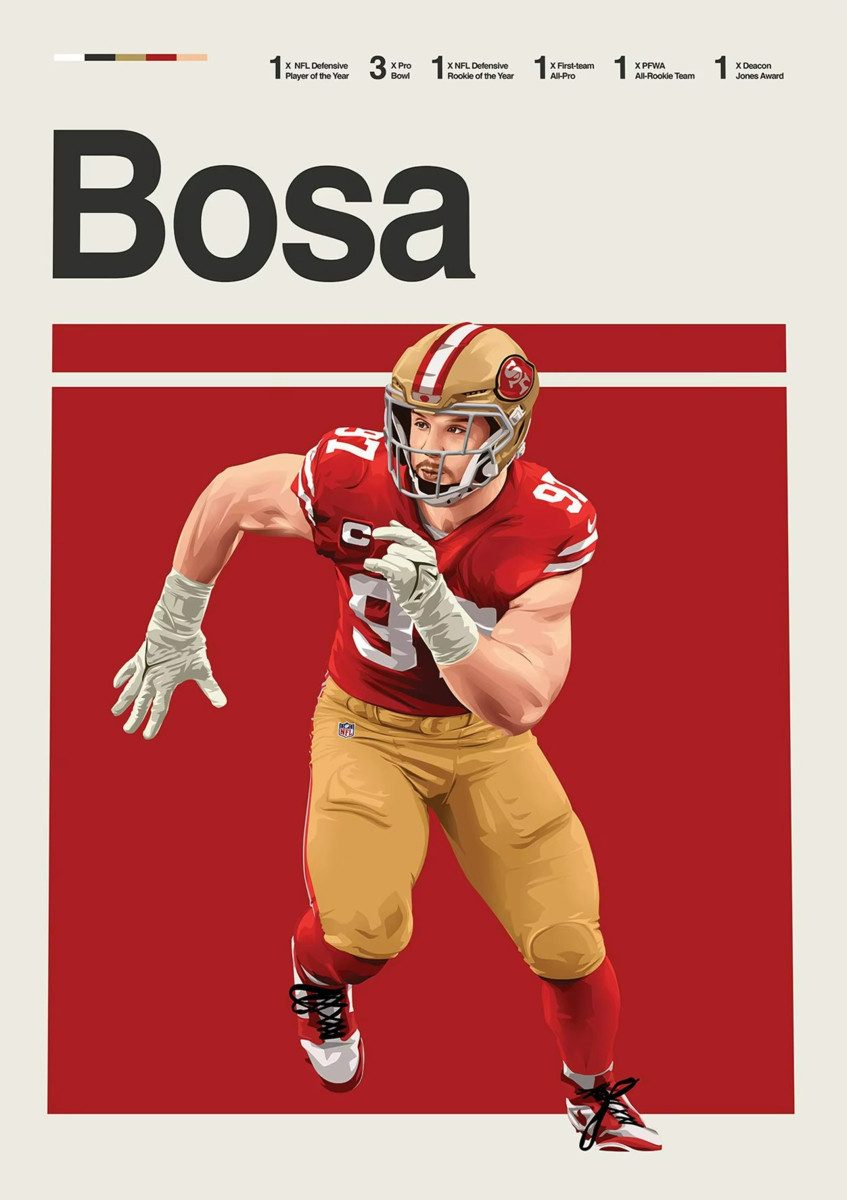 TPFLiving Kunstdruck (OHNE RAHMEN) Poster - Leinwand - Wandbild, Leinwandgemälde: Höhepunkte des amerikanischen Football-Stars (Leinwandbild XXL), Farben: Rot, Blau, Gelb, Schwarz, Weiß, Braun -Größe: 30x42cm