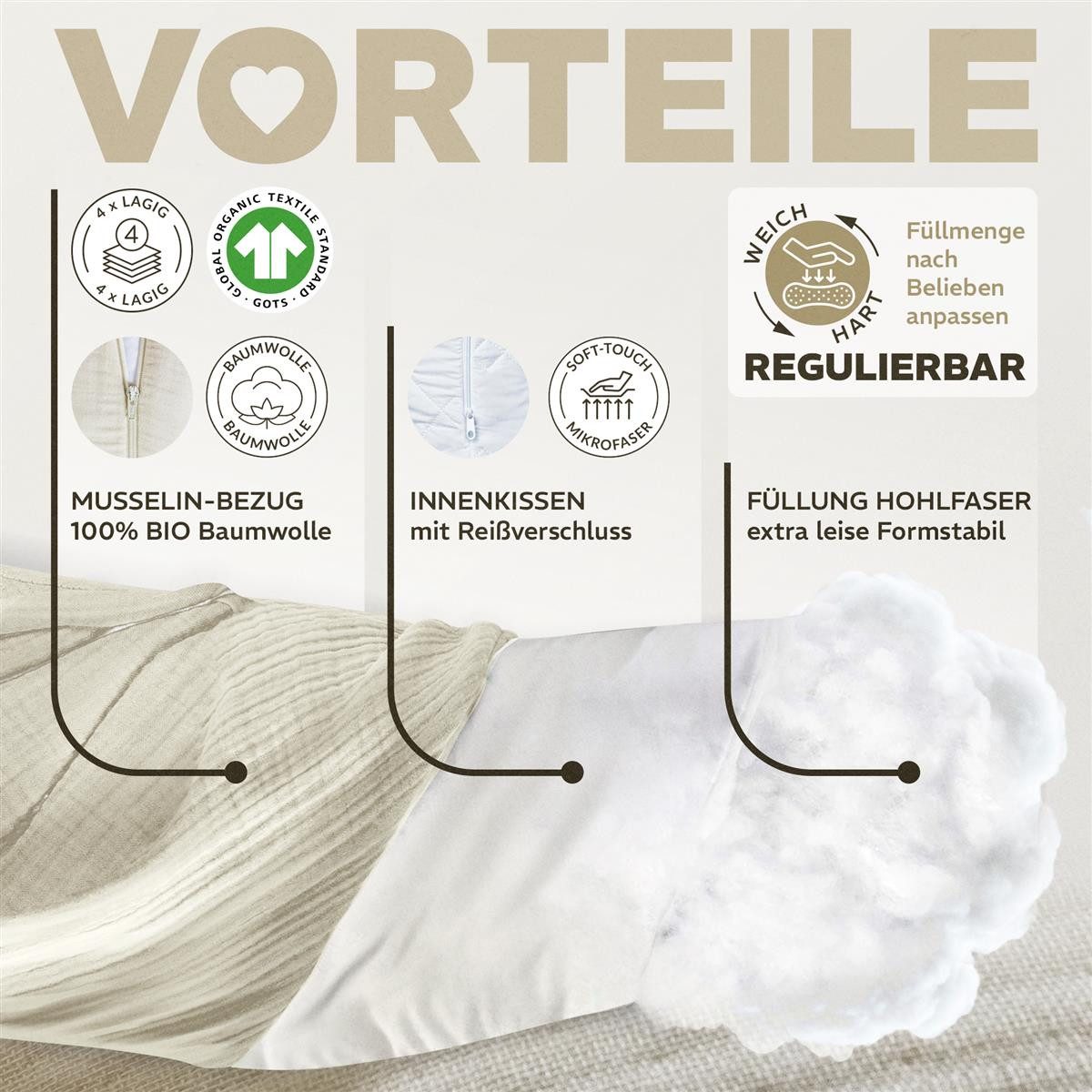 SEI Design Stillkissen Seitenschläferkissen Babynestchen Kuschelnest XXL Musselin Bezug, Schwangerschaftskissen mit Bezug, 1-tlg., Schwangerschaftskissen mit Be – Bild 4 von 5