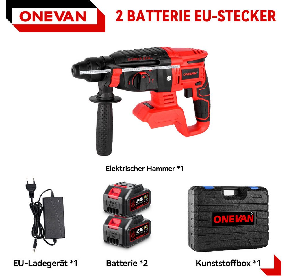 Thumbnail - ONEVAN Akku-Bohrhammer Bürstenlosem Bohrmaschine 4 Funktionen Akku Schlagbohrschrauber, max. 3200 U/min, 2x Akkus + Lade...