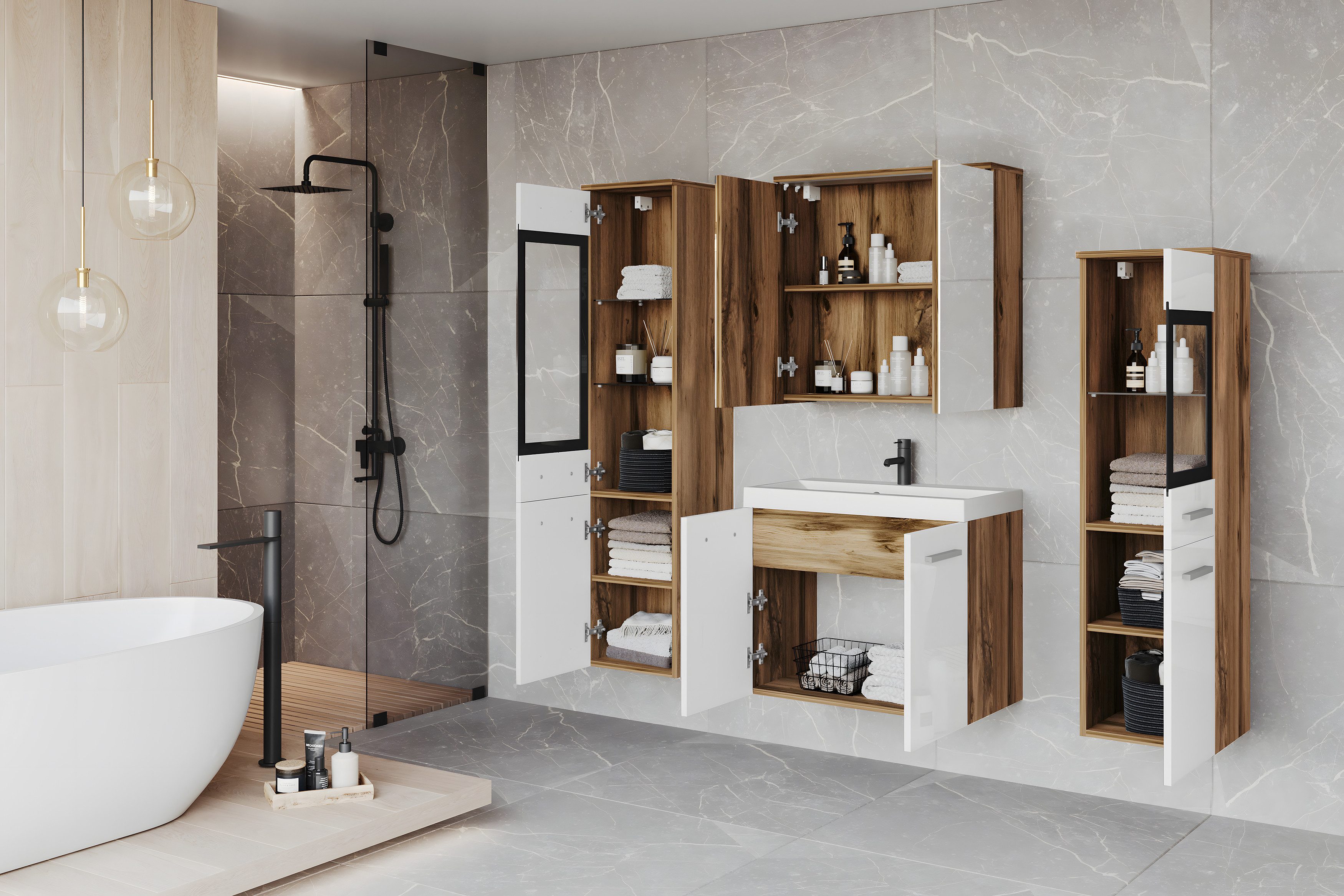 welltime Badmöbel-Set MADRIT II, Schrank mit Waschbecken, 2 Hänger, Spiegelschrank, (Komplett-Set, 5-St), Hängende Badmöbel mit Glaseinsätzen – in vielen Farben erhältlich