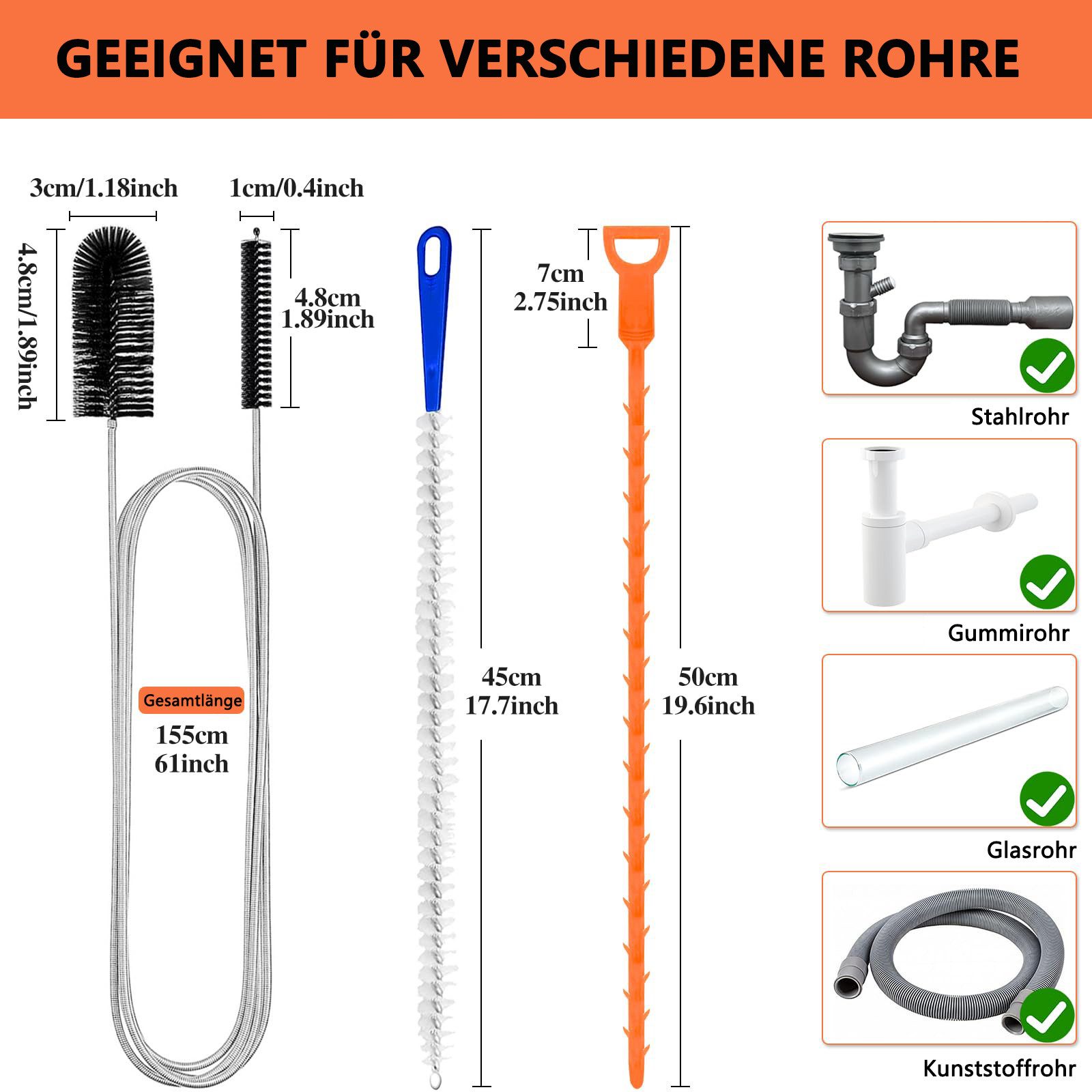 FOUORTUNATE-BEE Rohrreinigungsspirale 4 Stück Abflussreinigungswerkzeug Abflussreiniger Spirale, (4 tlg), Doppelkopf-Rohrreinigungsbürste Abflussreiniger Sticks Abfluss Bürste