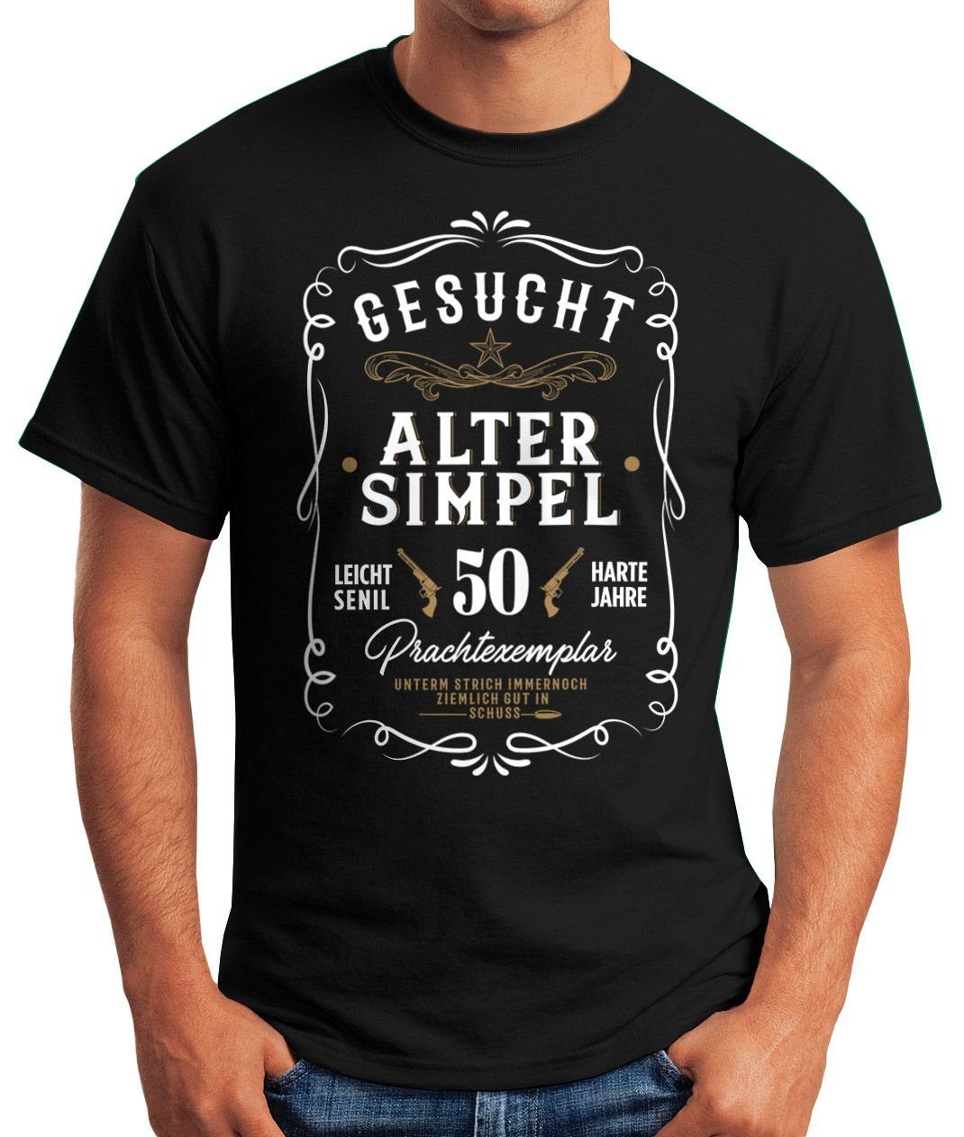 Print-Shirt Herren Print Alter Jahre MoonWorks T-Shirt 50 Wanted schwarz mit Geburtstag Geschenk Gesucht Simpel Western Moonworks® 30-80