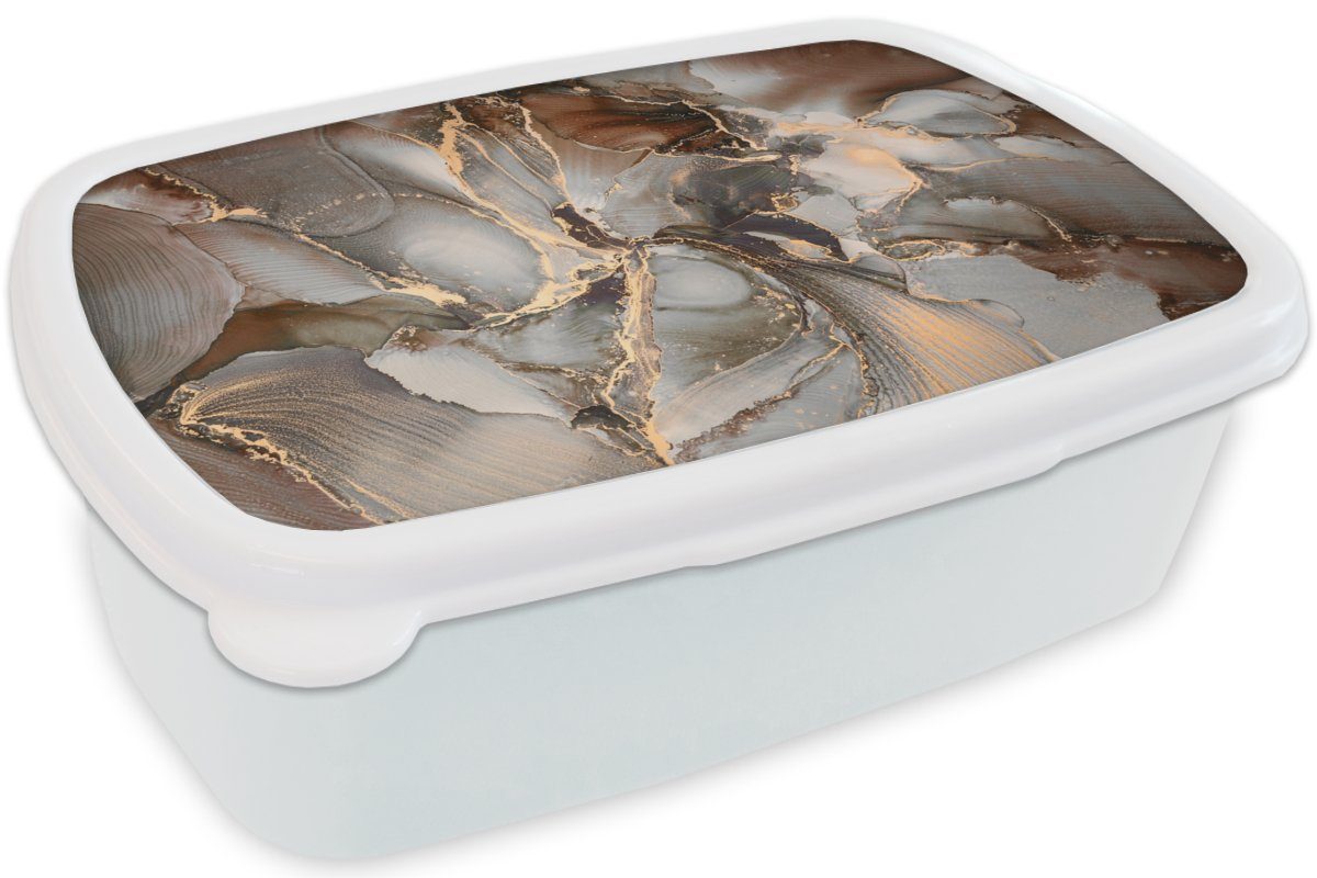 Brotbox MuchoWow - Marmor (2-tlg), Marmoroptik, für weiß Erwachsene, Gold Mädchen und und - Kinder Grau Lunchbox - Jungs Brotdose, Kunststoff, für