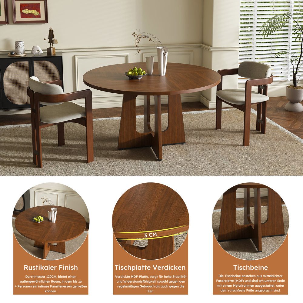 Odikalo Couchtisch Wohnzimmertisch runder Esstisch (Holz Beistelltisch mit 120 cm Durchmesser und 76 cm Höhe, aus MDF, komfortabler Platz für 4 Personen – für Esszimmer, Küche und Wohnzimmer)