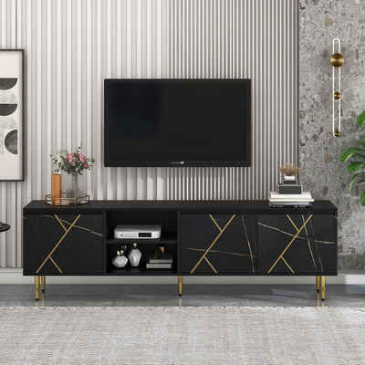 IDEASY TV-Schrank Aufbewahrungsschrank, 200 x 35 x 60 cm, (geeignet für 90-Zoll-Fernseher, mit 3 Türen, 2 offenen Fächern) Metall-Aluminiumstangen, Kabelmanagement, Metallbeinen