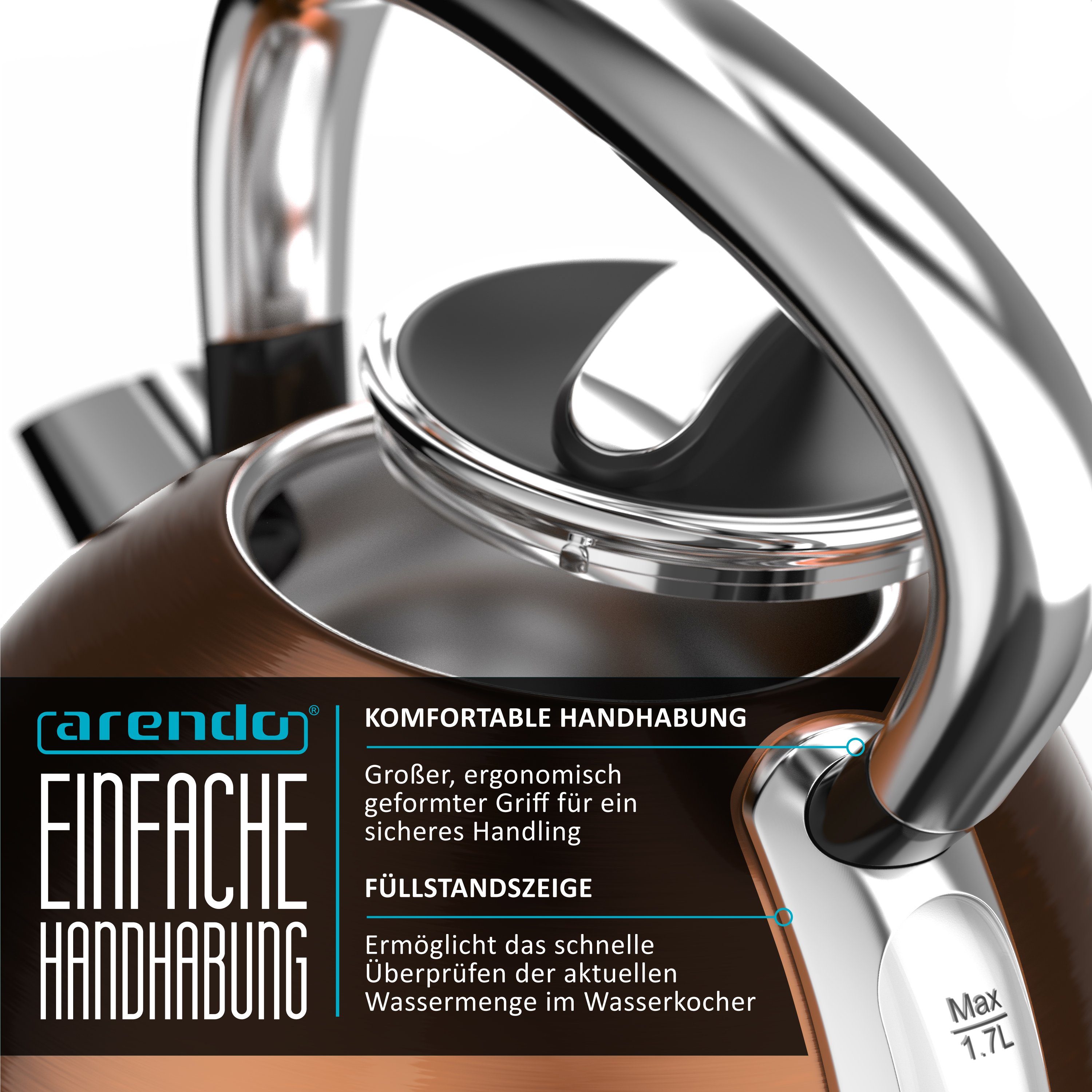 Arendo Frühstücks-Set Edelstahl Wasserkocher 1,7l, 2-Scheiben Langschlitz Toaster, kupfer (2-tlg), Vintage Wasserkocher Temperatureinstellung, Toaster Brötchenaufsatz