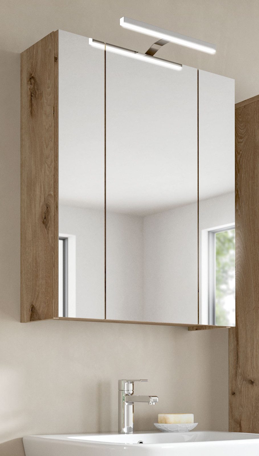 Inn.Furn Badezimmerspiegelschrank Cover (Badspiegel in Eiche, 3-türig/3D, 60 x 70 cm) mit 9 Fächern