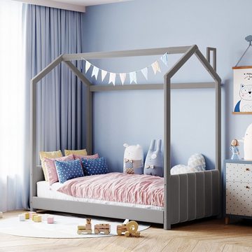 SOFTWEARY Kinderbett mit Lattenrost (90x200 cm), Polsterbett, Hausbett, Kiefer, Samt