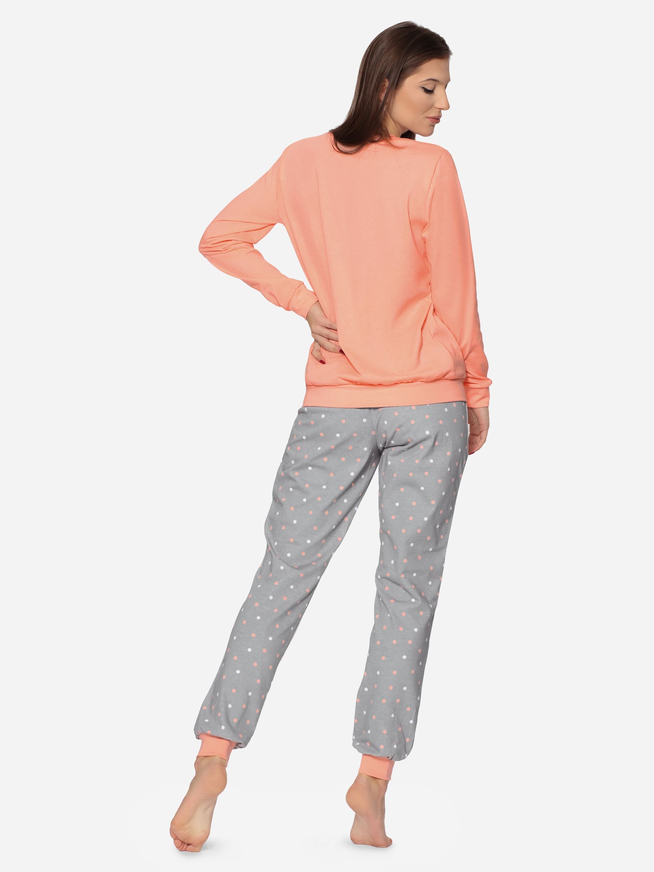 Zweiteiler Merry Damen Schlafanzug bunt Pyjama Muster MS10-268 Lachs/Grau lang Style mit Schlafanzug