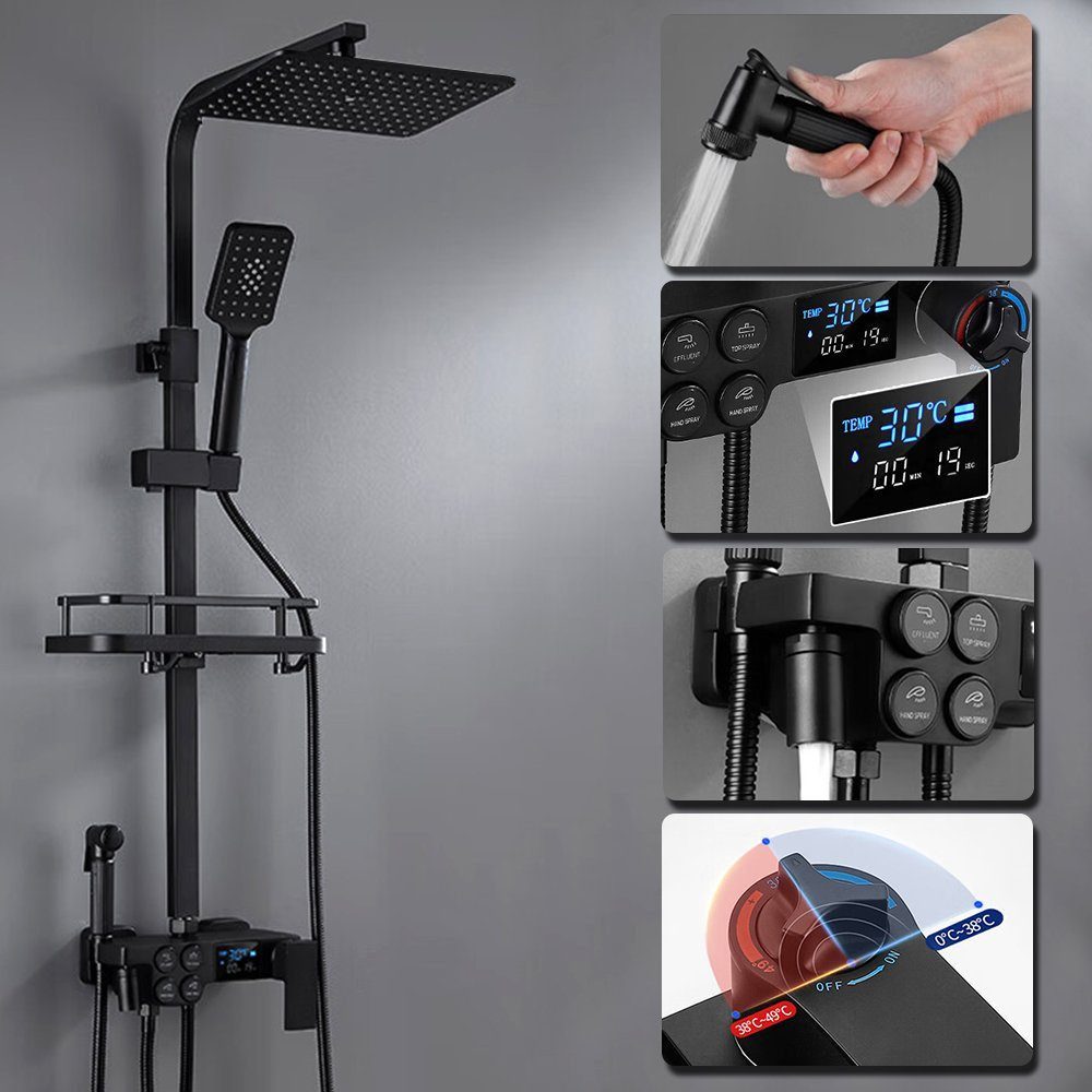XERSEK Duscharmatur Duschsystem mit Thermostat Handbrause Kopfbrause Ablage Duschstange (Kopfbrause: 300 x 190mm, Handbrause: 130 x 100mm) LCD Regendusche mit Armatur, Duschstange 86-120cm