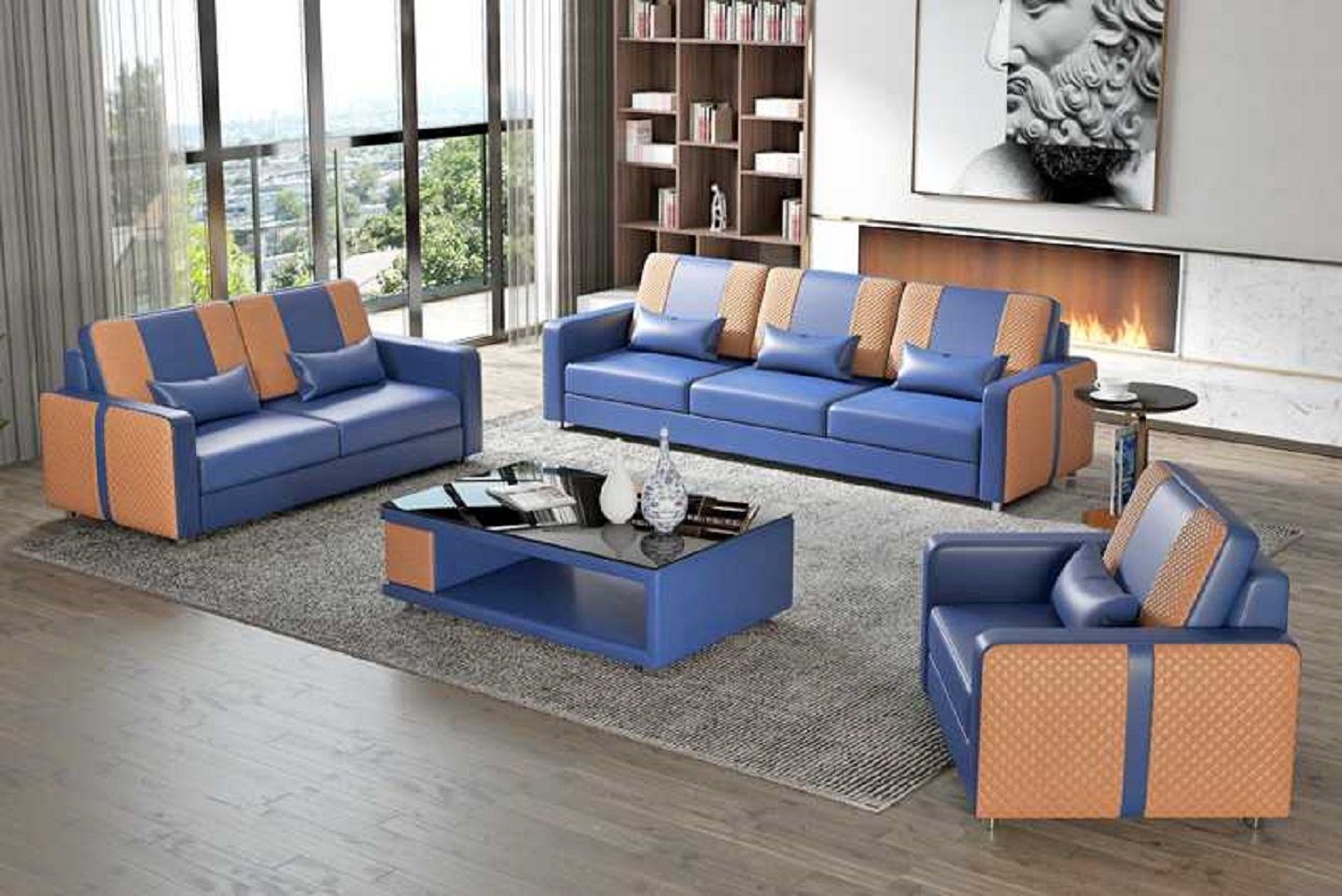 Blau 321, Sofagarnitur (3-St., Sofa Couchgarnitur Sofa Europe + JVmoebel Nur Made in Luxus Sitzer 2+3 Kunstleder Sessel), Wohnzimmer-Set Komplette