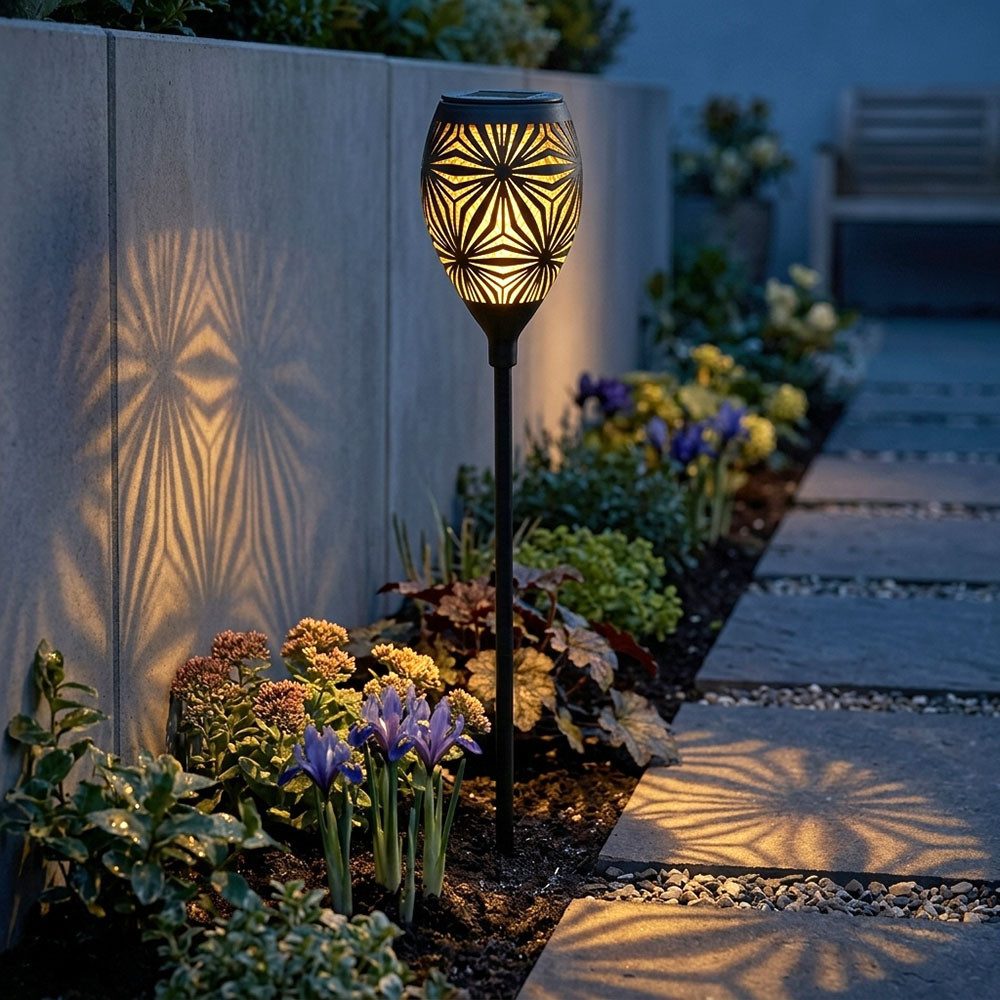 GLOBO LIGHTING LED Solarleuchte, LED-Leuchtmittel fest verbaut, Warmweiß, 2x Solar Außenlampe Steckleuchte LED Fackel schwarz Garten Dekolampe