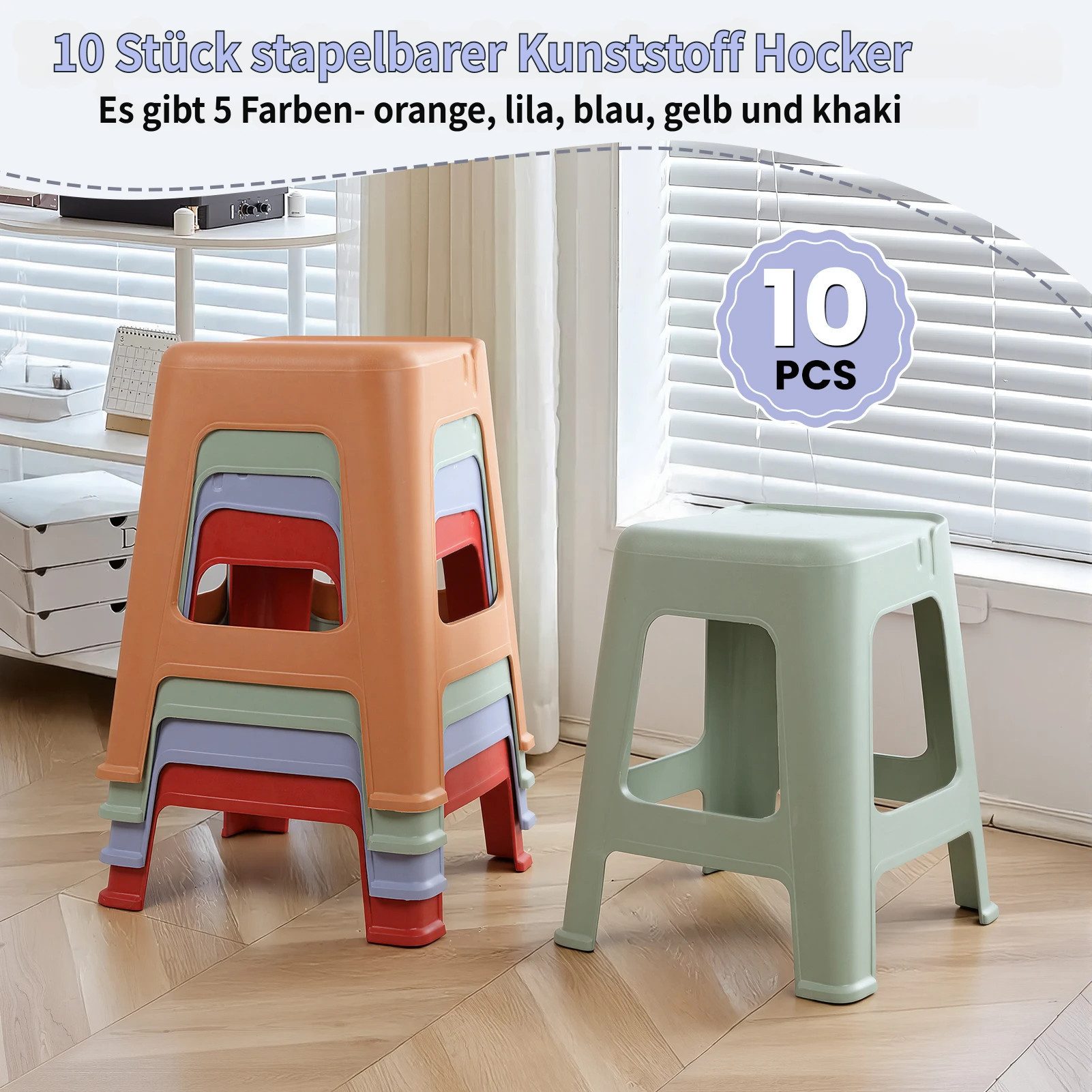 Rutaqian Sitzhocker 10 stapelbare Hocker für Klassenzimmer, 47 cm hoch, Kunststoffhocker, Tragbare Stühle ohne Rückenlehne für Klassenzimmer Büro und Zuhause – Bild 5 von 5