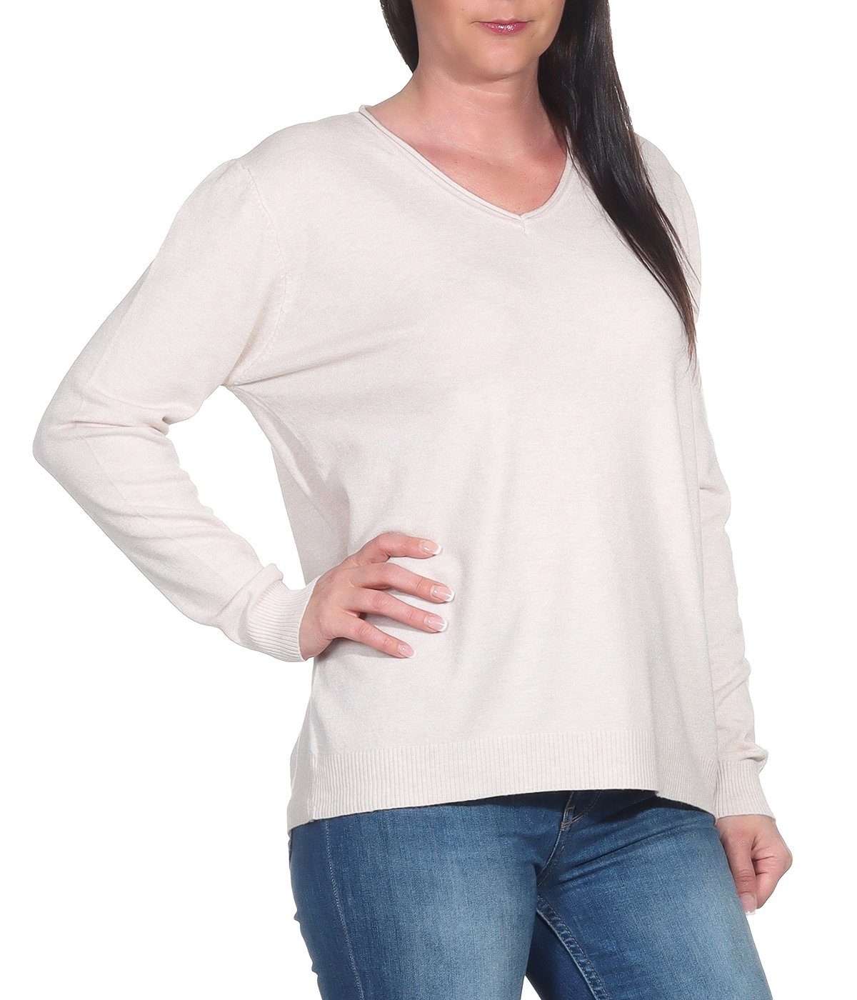 Wintersport für Damen für oder (1-tlg) Freizeitpullover Creme Pullover Pulli den Feinstrickpullover Damenmode Aurela Basic V-Ausschnitt-Pullover angenehmer Unterziehshirt