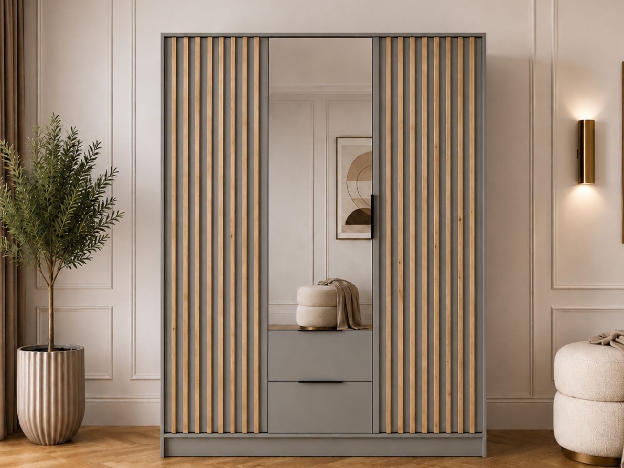 GrainGold Kleiderschrank Macron (Set, Kleiderschrank, Spiegel) Breite 155 cm, Laminierte Platte, mit Spiegel, mit Schubladen
