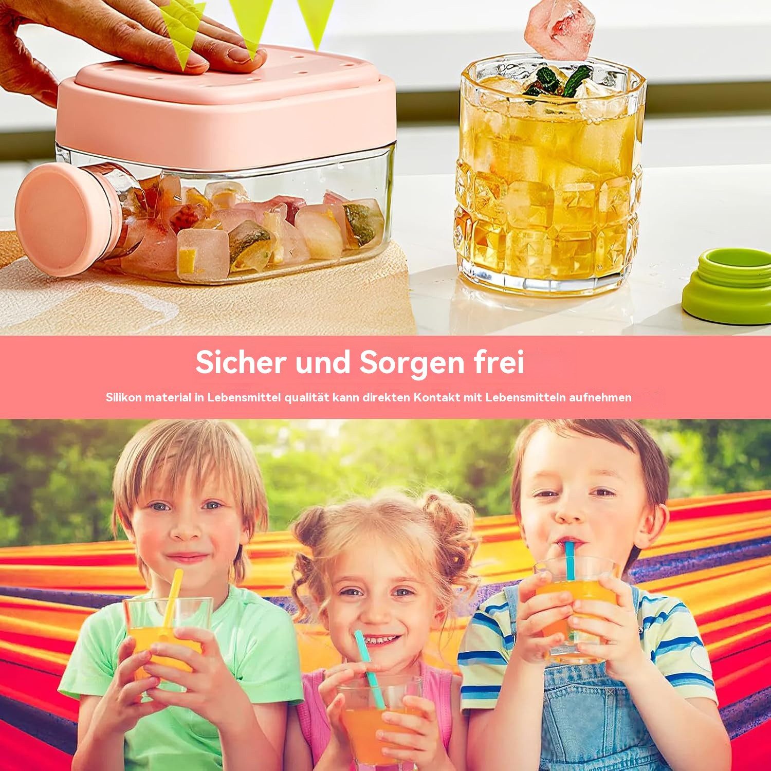 BlingBin Eiswürfelform 2-in-1 Eiswürfelformer & Trinkflasche, 800ml, mit Strohhalm und Band, (Einfaches Drücken, Auslaufsichere Eiswürfelform mit Deckel, 10*8*21,7CM 1-tlg), 2-in-1 Design: Trinkflasche und Eiswürfelformer in einem
