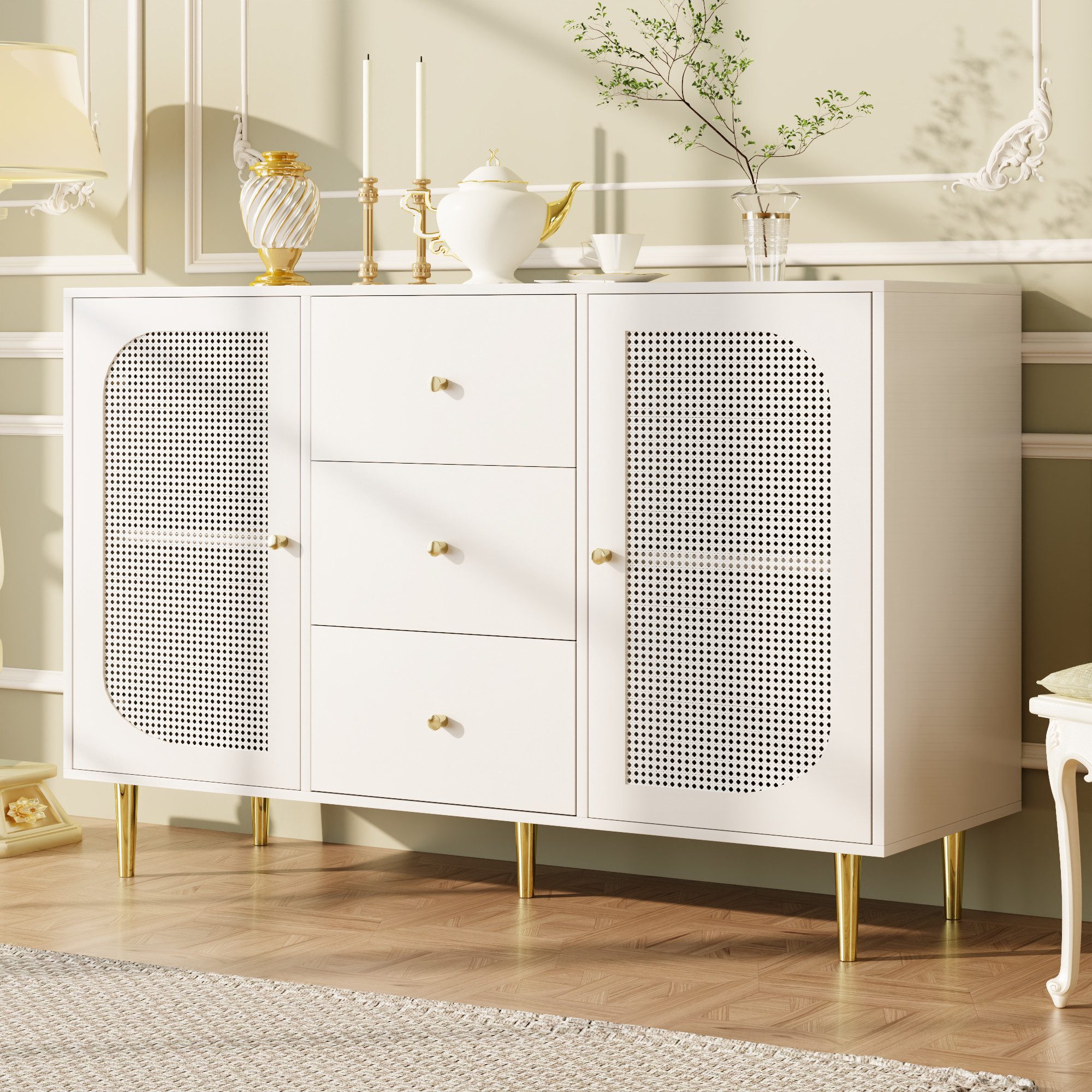 HAUSS SPOLE Sideboard mit PE-Rattantür, 3 Schubladen für Küche, Zuhause, Wo günstig online kaufen