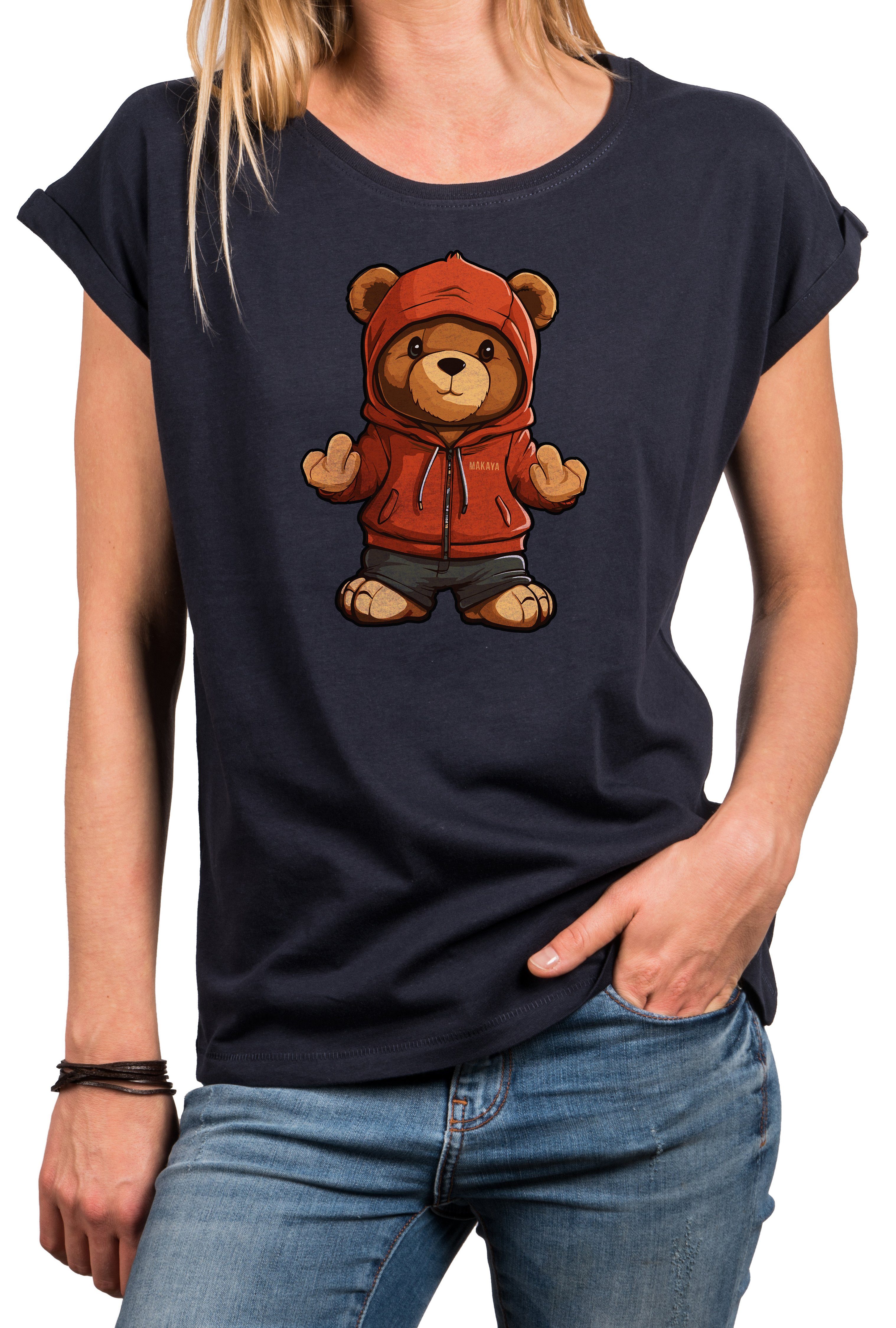 MAKAYA Print-Shirt Damen Kurzarm Teddybär coole lustige freche sexy Sommer Tops Teddy, Motiv Blau | T-Shirts