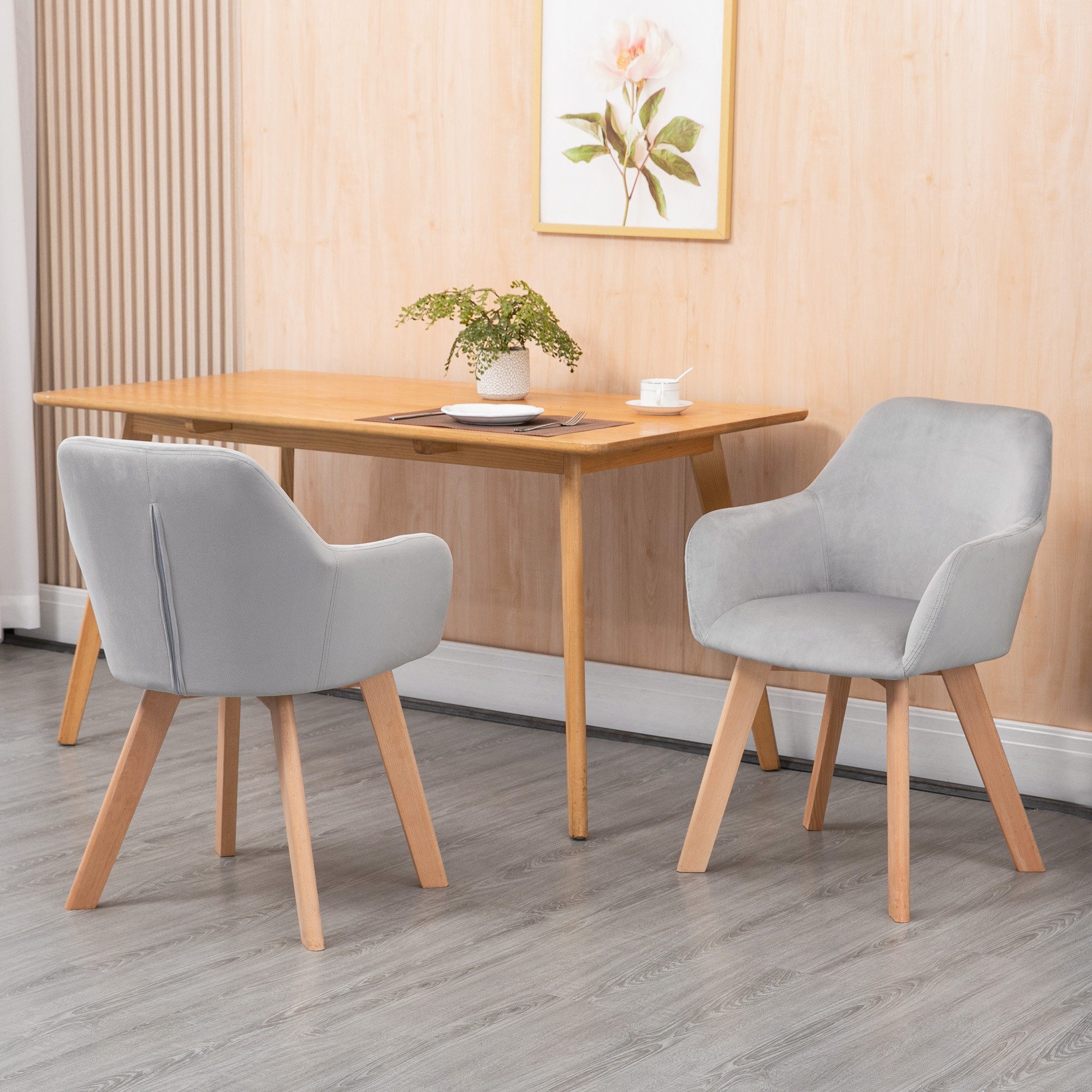 HOMCOM Esszimmerstuhl Polsterstühle mit Armlehne Rückenlehne Samtoptik Holzbeine (Küchenstuhl, 4 St), für Küche, Esszimmer, Grau