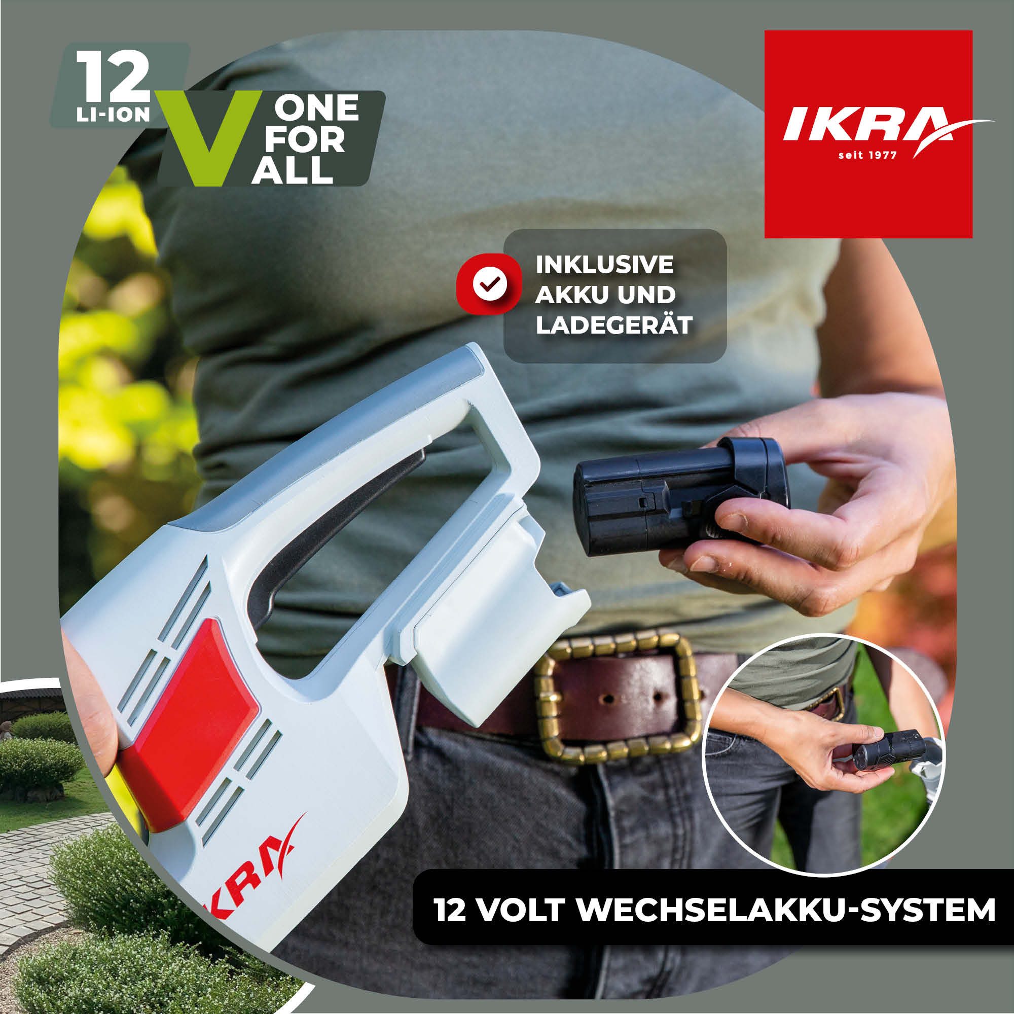 ikra GmbH Akku-Heckenschere IAHS 1240, 12 Volt, 41 cm Schnittlänge, 14 mm Schnittstärke mit Schutzbrille