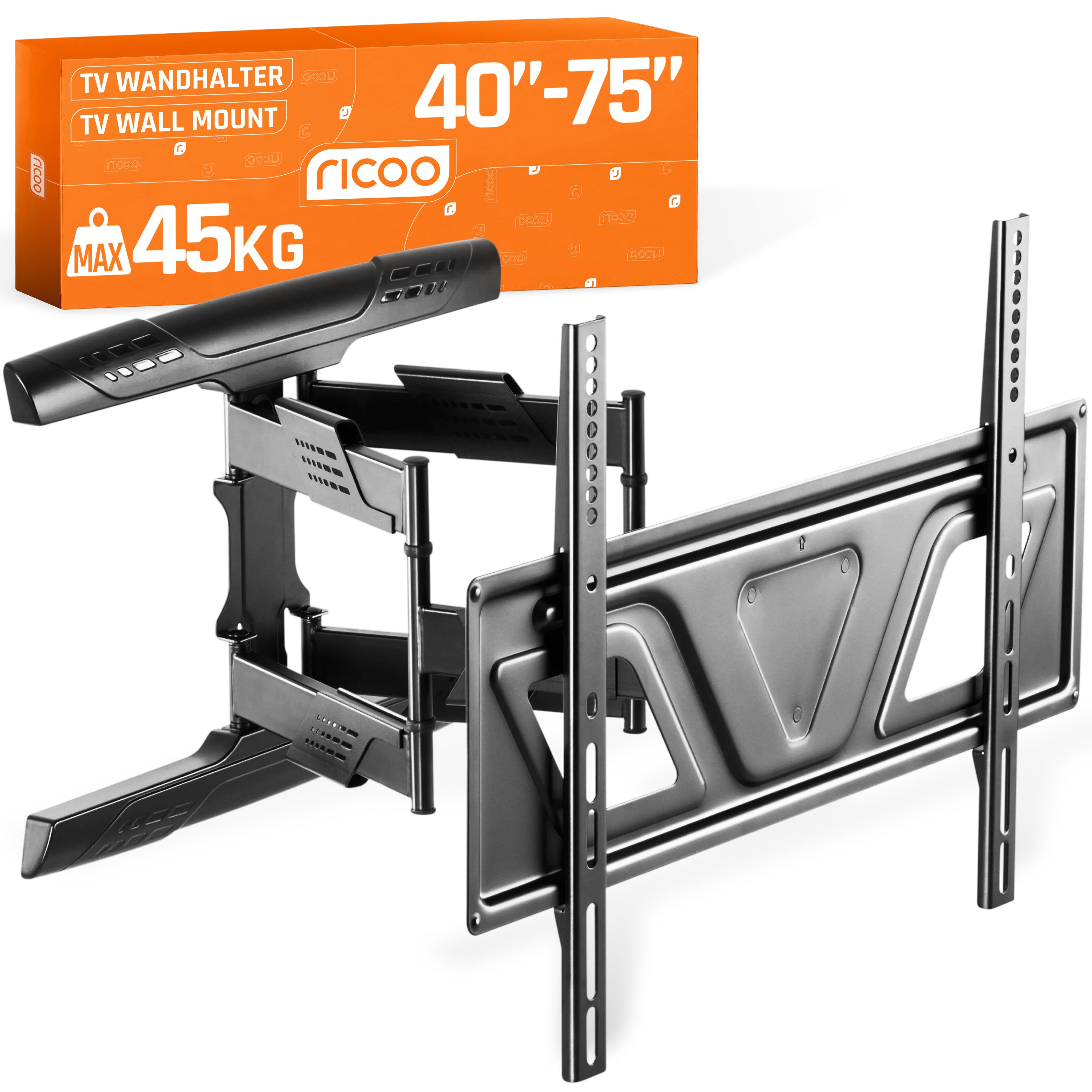 RICOO TV-Wandhalterung TV Wandhalterung Schwenkbar & Neigbar S9564, (bis 80 Zoll, VESA 300x200 bis 600x400, 1-tlg., 45Kg Aufnahme, 37" bis 80" (94-203 cm) Bildschirm Diagonale, bis +15°/-7 Neigung, bis 120° Schwenkung +/-3° Drehung Monitor Halter)