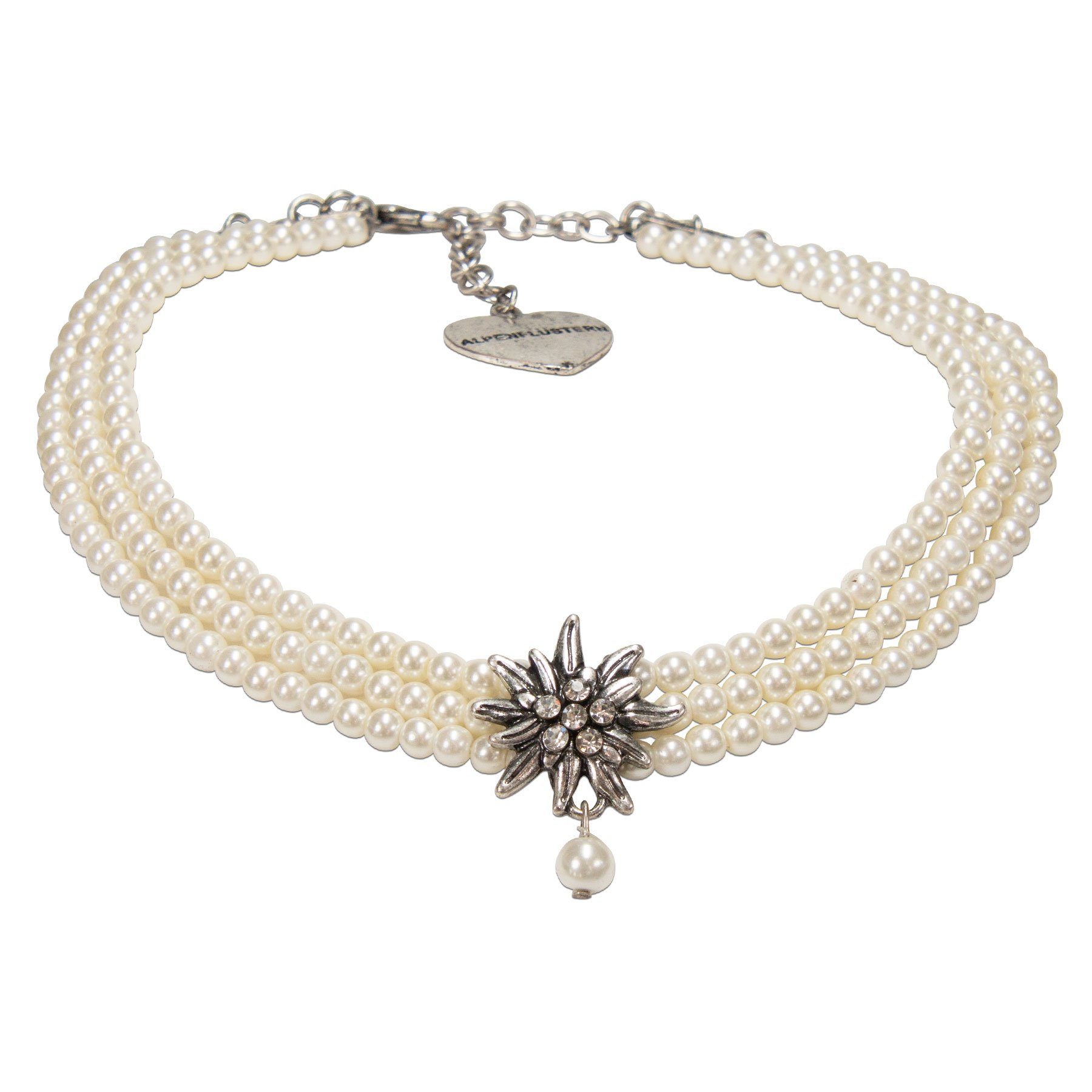 Alpenflüstern Collier Trachten-Perlen-Kropfkette Strass-Edelweiß (creme-weiß), - nostalgische Trachtenkette, eleganter Damen-Trachtenschmuck, Dirndlk