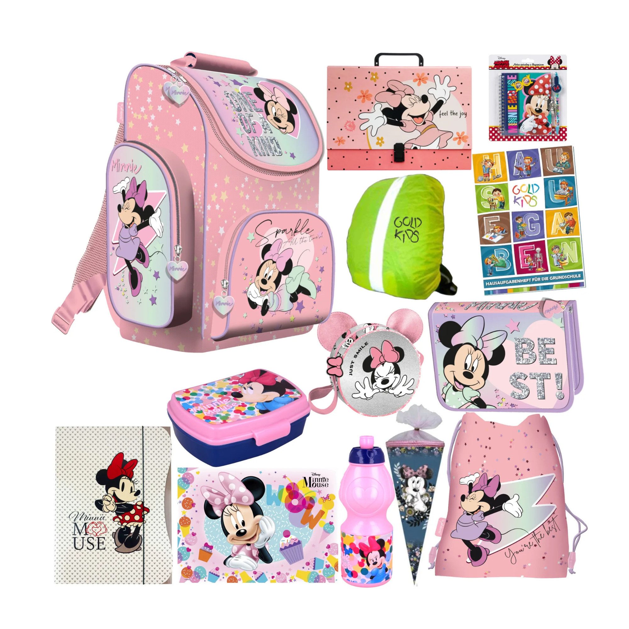 GOLDKIDS Schulranzen Set XXL 13erRanzen Tornister (Federmappe Turnbeutel, 1-tlg., Brotdose Trinkflasche), Aktenmappe - Minnie Motiv 1-3 Klasse
