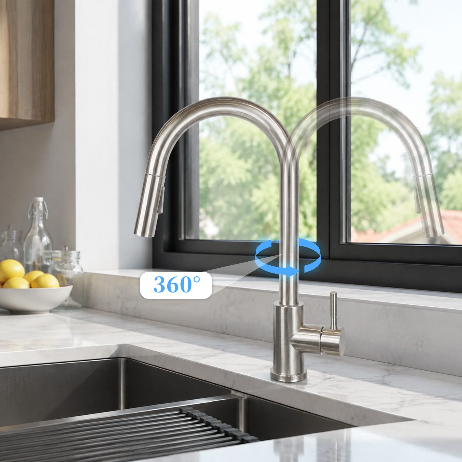 Ledklang Küchenarmatur ausziehbar Schwarz/silber 2-in-1 Wasserhahn Brausekopf Pendelbrause (1-St) Edelstahl-Optik hoher Auslauf 360° schwenkbar für Spüle & Wasc – Bild 2 von 5