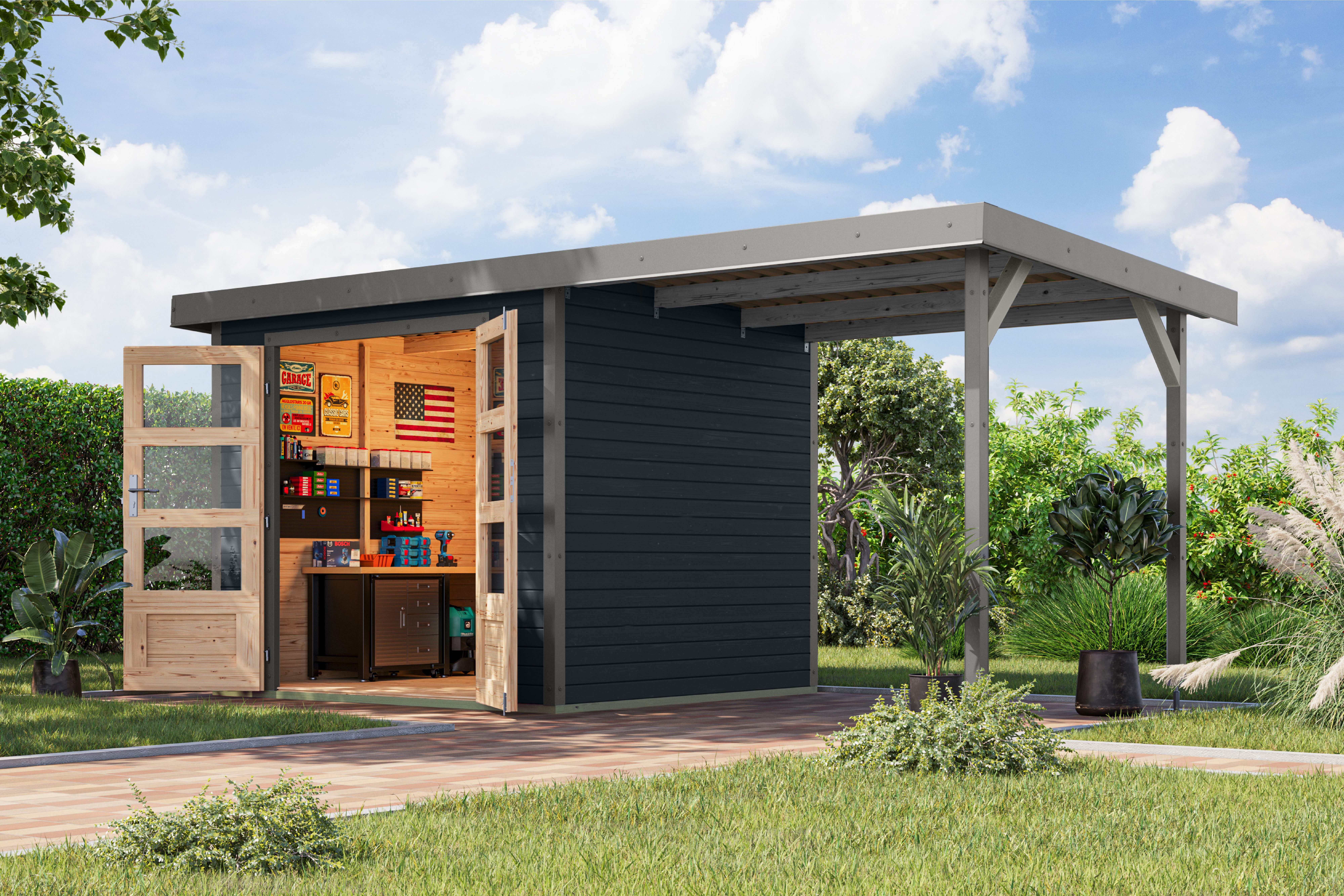 Karibu Gartenhaus Jupiterino 3 SET, in verschiedenen Farben, BxT: 486,5x236,5 cm, (Set), inkl. Anbaudach