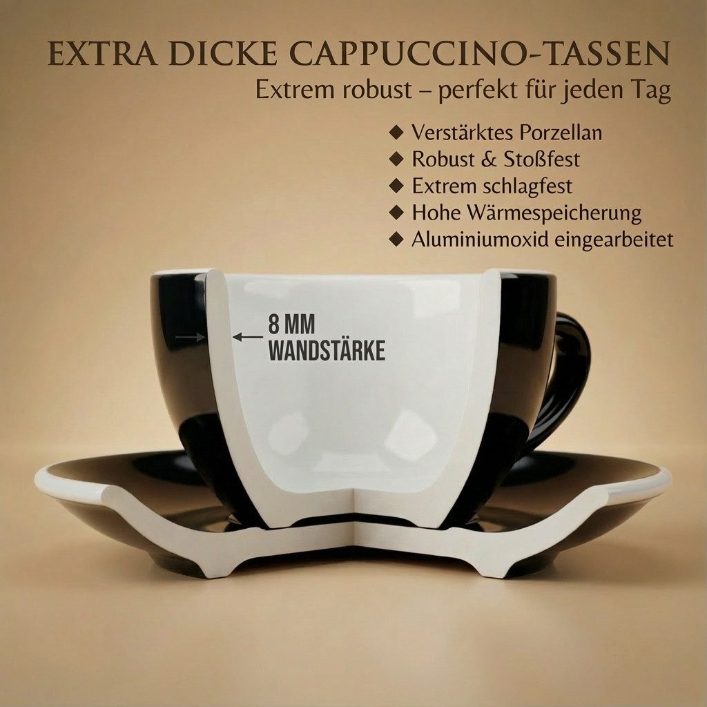 MUVELL Cappuccinotasse 6er Cappuccino-Set "Rimini" Tasse 200ml+Untertasse, schwarz, 6-tlg., Keramik, 200 ml Schwarz mit weißen Rand und Innenfläche – Bild 4 von 5