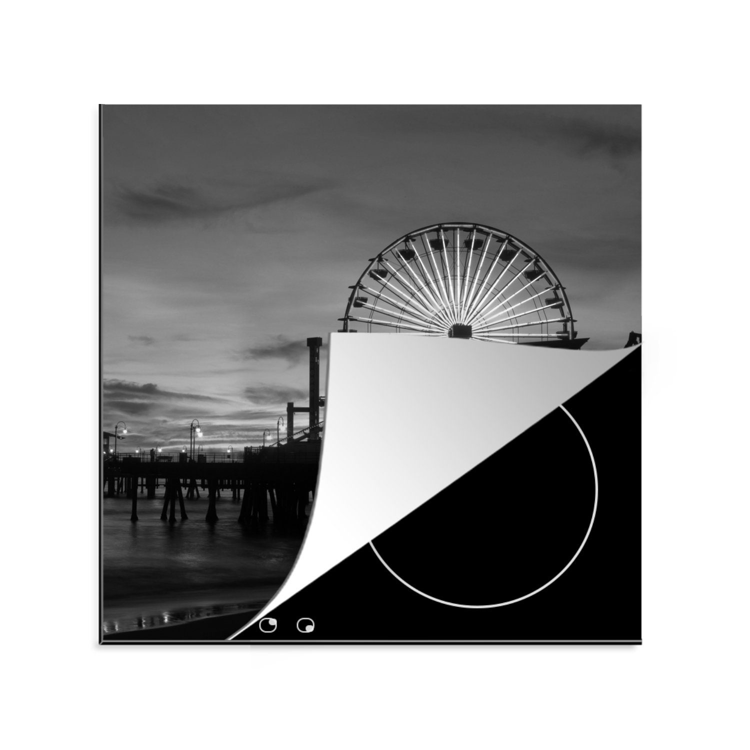 MuchoWow Herdblende-/Abdeckplatte Riesenrad - Los Angeles - Schwarz - Weiß, Vinyl, (1 tlg), 78x78 cm, Ceranfeldabdeckung, Arbeitsplatte für küche