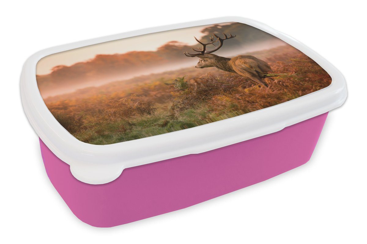 MuchoWow (2-tlg), Brotbox Hirsche Nebel Mädchen, Erwachsene, - Herbst, Kunststoff Kinder, rosa Snackbox, Lunchbox für Brotdose - Kunststoff,