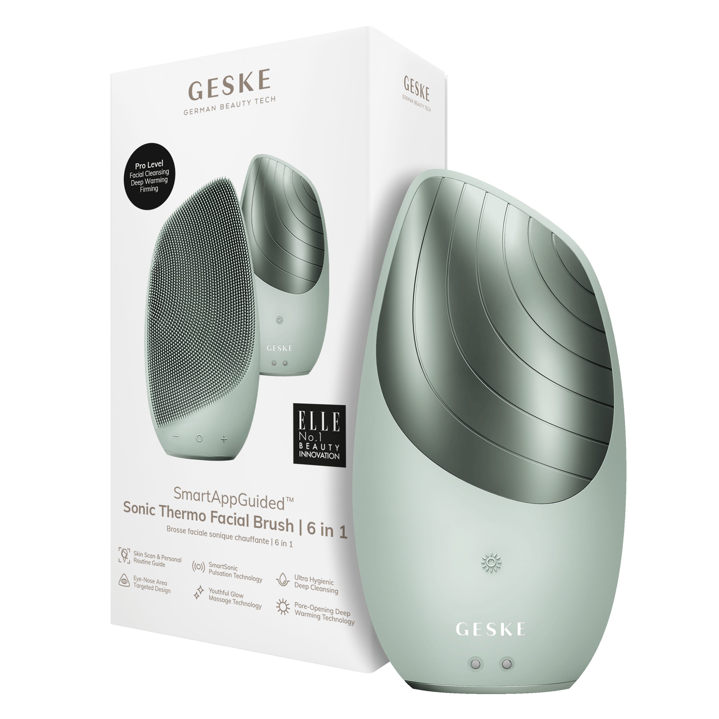 (SmartAppGuided Gesichtsreinigungsbürste SmartAppGuided™ kostenloser Brush inkl. Sonic 1, Beauty in SmartSonic Device), Green 2-tlg., (Gerät Elektrische Tech Gerät Pulsation- Tiefen-Wärme-Technologie Thermo Facial & APP 6 Packung GESKE USB-Ladekabel), Anti-Aging & Massage-, German