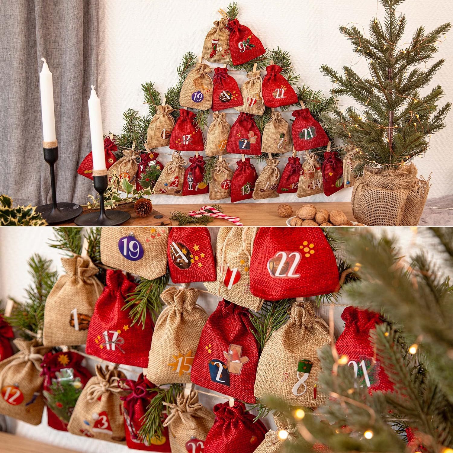 Coonoor befüllbarer Adventskalender 24 Adventskalenderbeutel, Weihnachtszugbeutel, Adventskalender Countdown Zugbeutel Geschenktasche