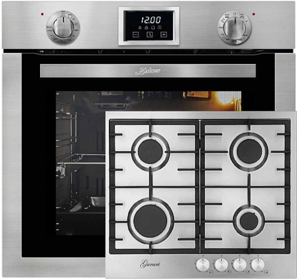 Kaiser Küchengeräte Backofen-Set Herd Set Autark Einbau Gasbackofen Autark, 79L, Grill, Drehspieß, 60 cm mit GURARI Gas-Kochfeld 60 cm, Edelstahl 4,0 KW WOK, 4 Gasbrenner EG 6372+GCH FB 604, mit 1-fach-Teleskopauszug