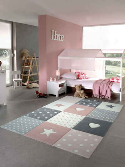 Kinderteppich Kinderteppich Spielteppich Babyteppich Mädchen mit Herz Stern rosa creme grau, Carpetia, rechteckig